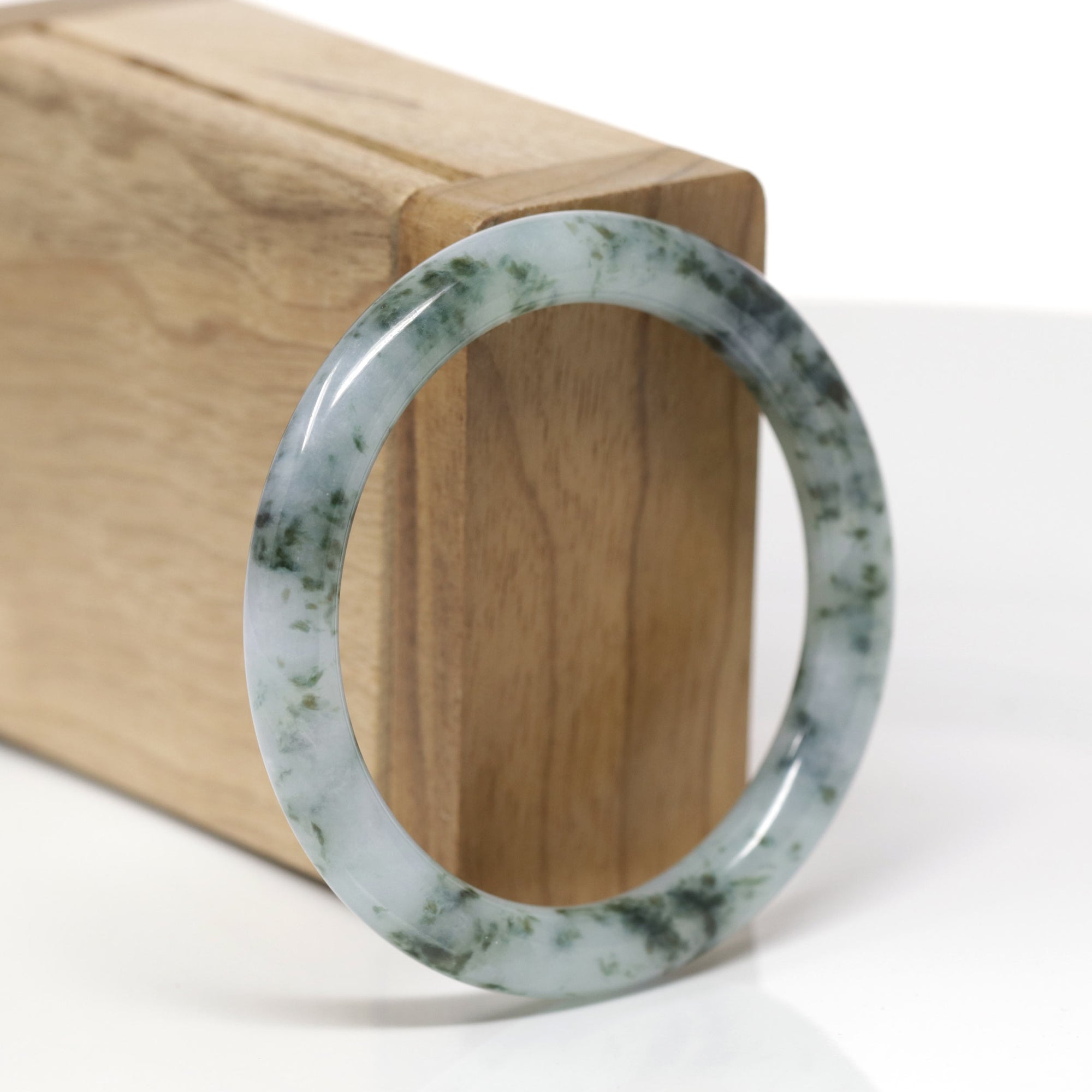 Baikalla Natural Deep Blue-Green Flowers "Traditional Round" Jadeite Jade Bangle Bracelet (53mm) 