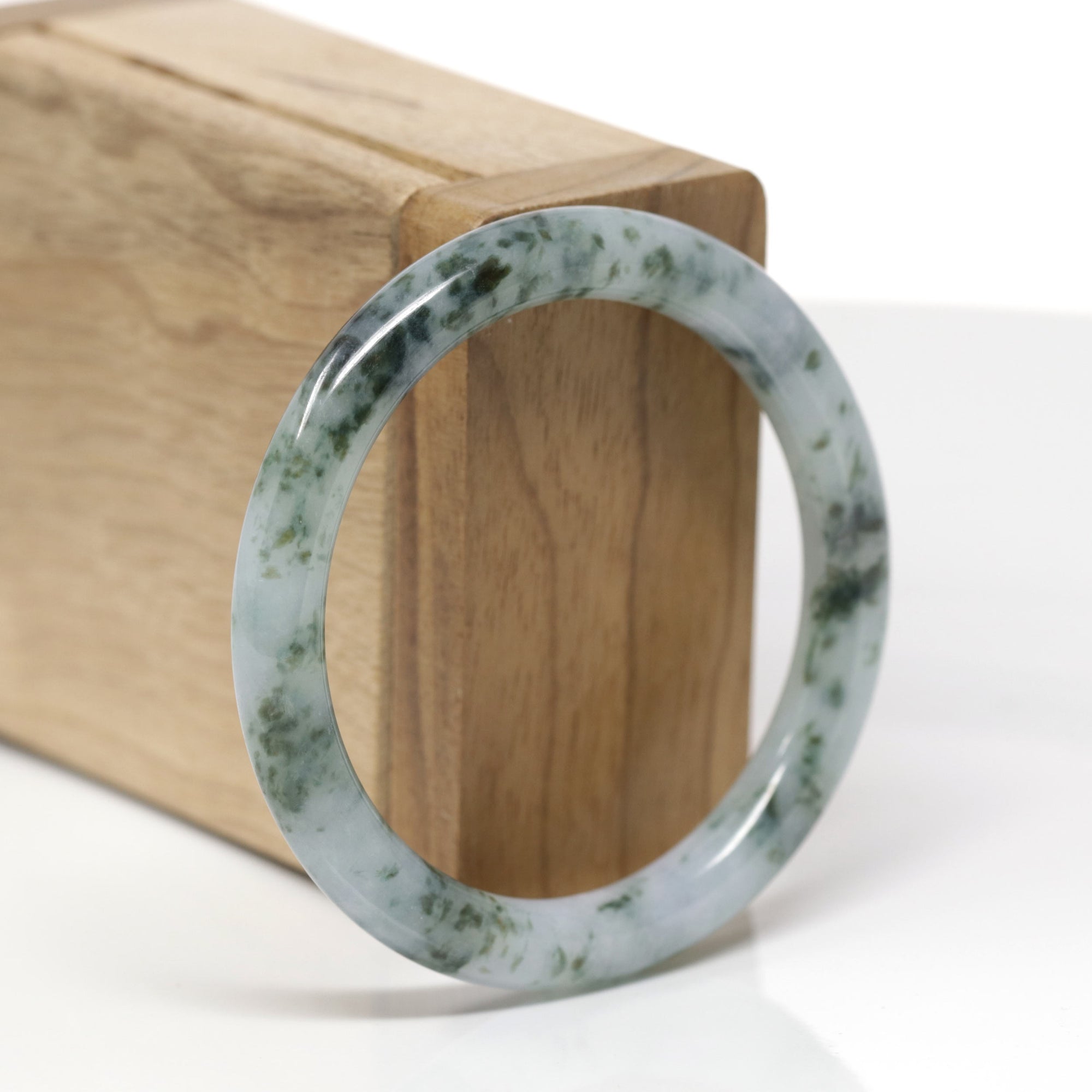 Baikalla Natural Deep Blue-Green Flowers "Traditional Round" Jadeite Jade Bangle Bracelet (53mm) 