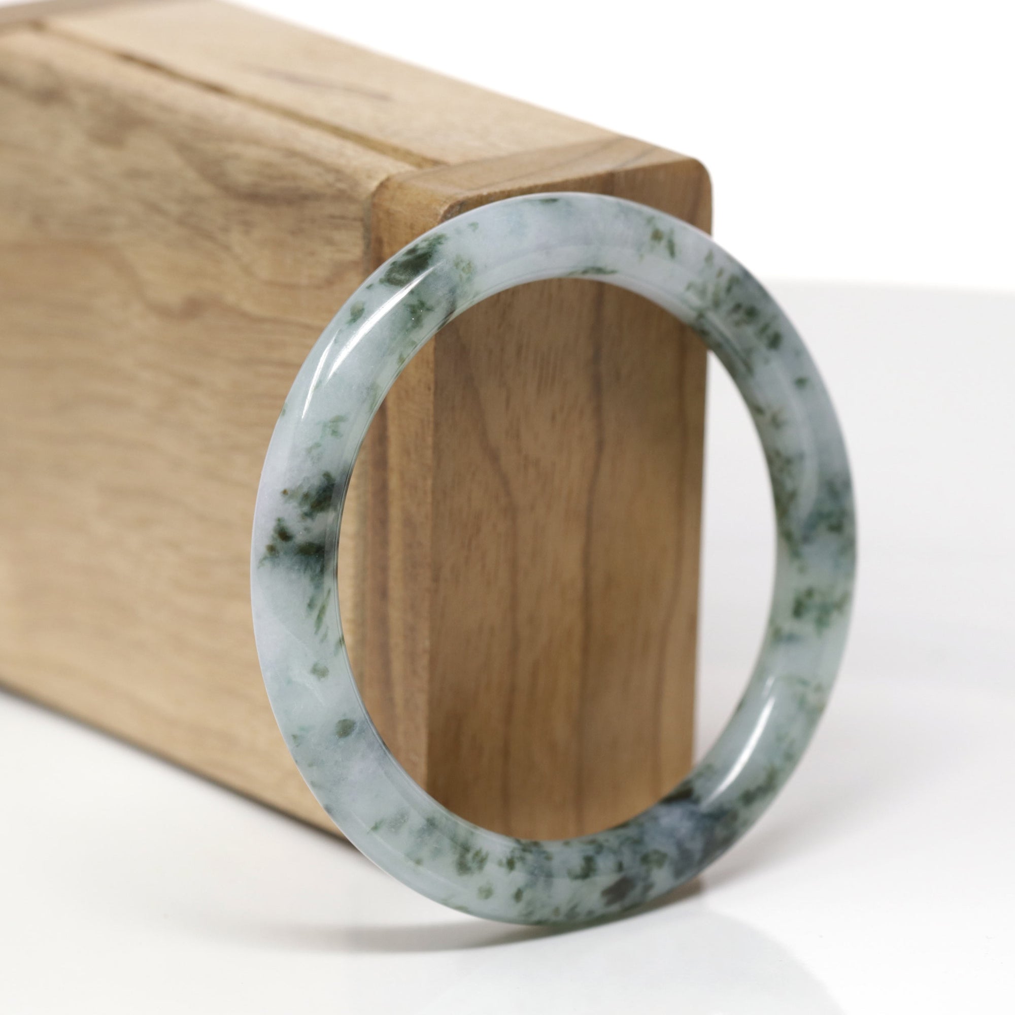 Baikalla Natural Deep Blue-Green Flowers "Traditional Round" Jadeite Jade Bangle Bracelet (53mm) 