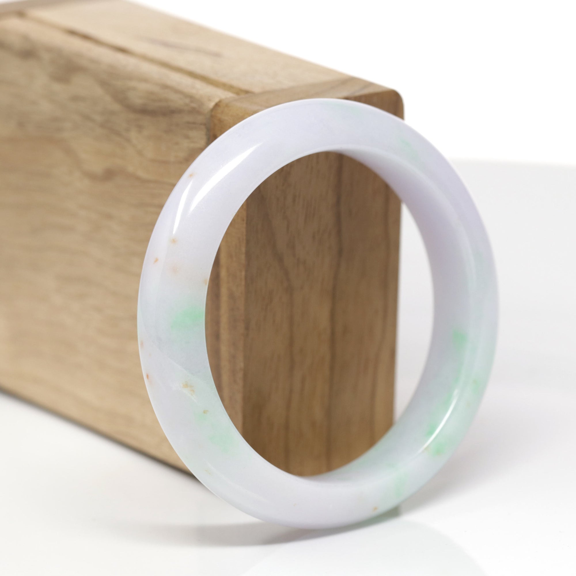 High-End Natural Light Lavender &amp; Apple-Green W/ Orange Sajin (Golden Dust) Jadeite Jade "Half Round" Bangle Bracelet (53.9mm) 