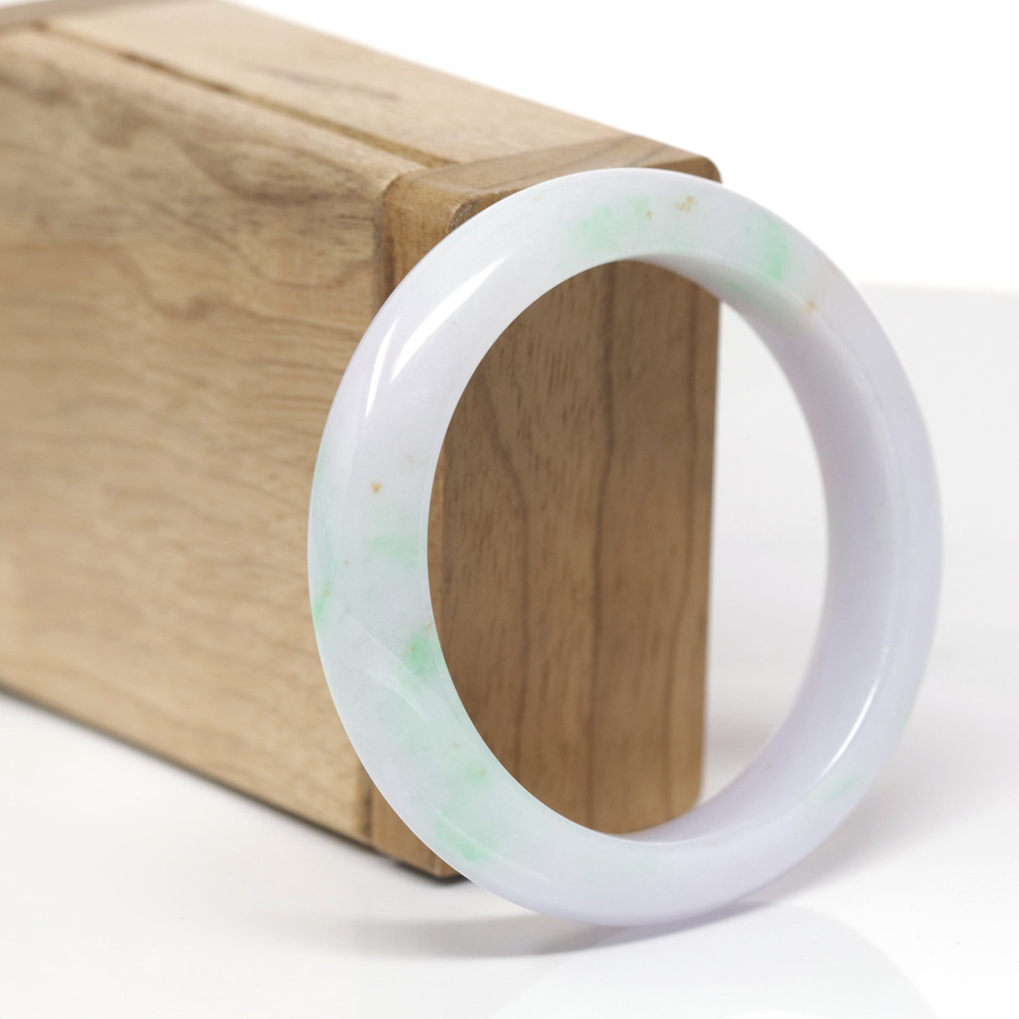 High-End Natural Light Lavender &amp; Apple-Green W/ Orange Sajin (Golden Dust) Jadeite Jade "Half Round" Bangle Bracelet (53.9mm) 
