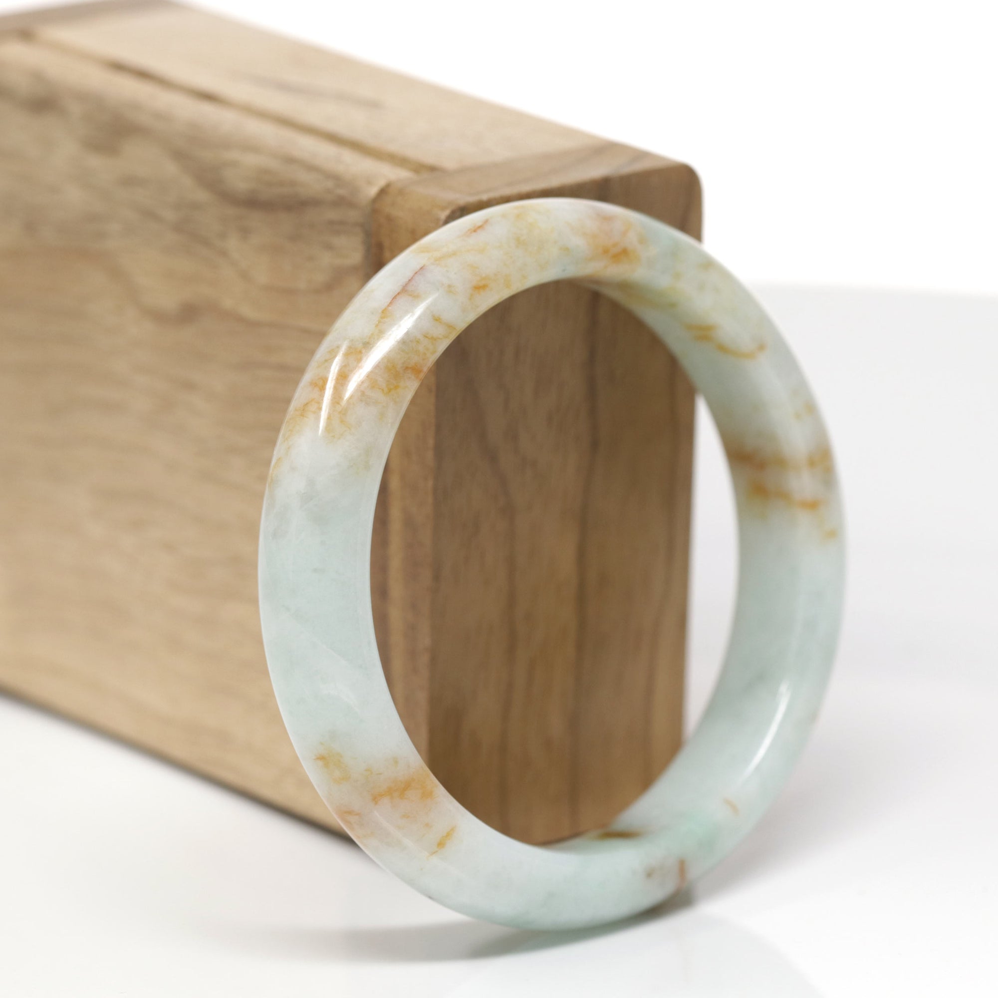 Baikalla Natural Light Green &amp; Orange Sajin Jadeite Jade "Half Round" Bangle Bracelet (54mm) 