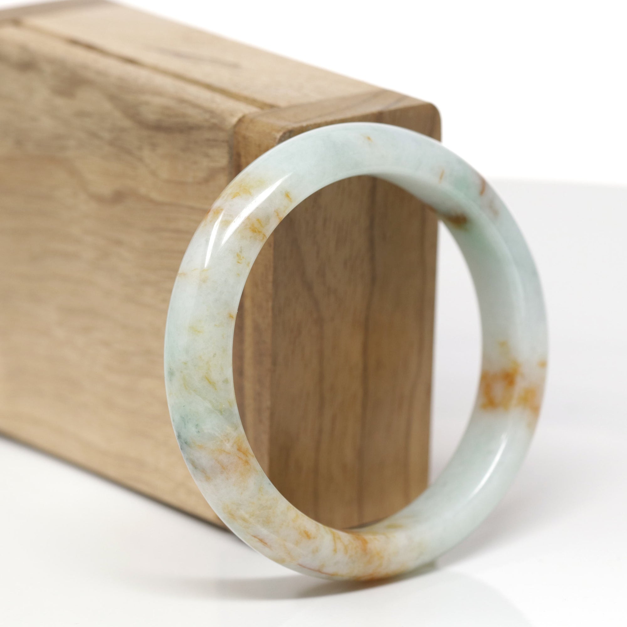 Baikalla Natural Light Green &amp; Orange Sajin Jadeite Jade "Half Round" Bangle Bracelet (54mm) 