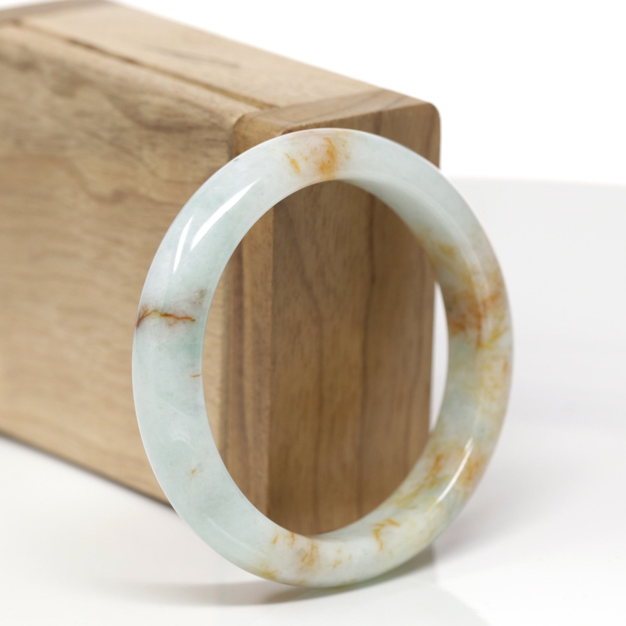Baikalla Natural Light Green &amp; Orange Sajin Jadeite Jade "Half Round" Bangle Bracelet (54mm) 