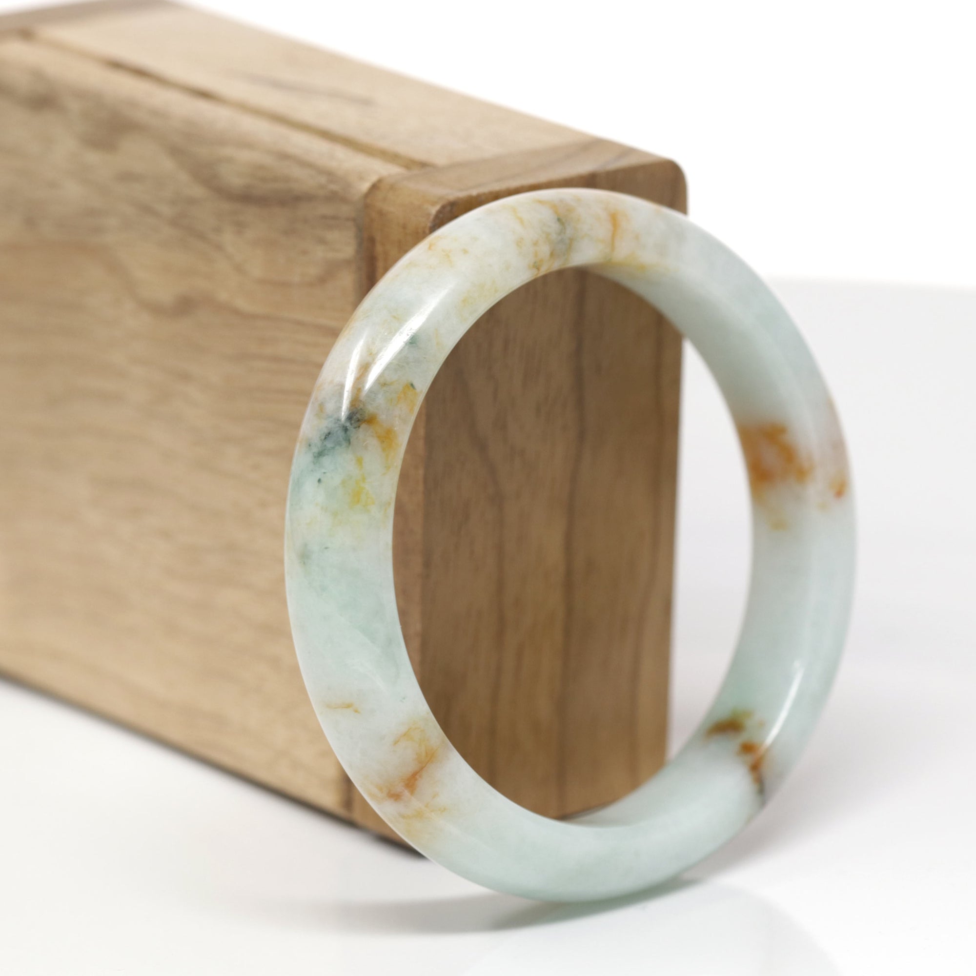 Baikalla Natural Light Green &amp; Orange Sajin Jadeite Jade "Half Round" Bangle Bracelet (54mm) 