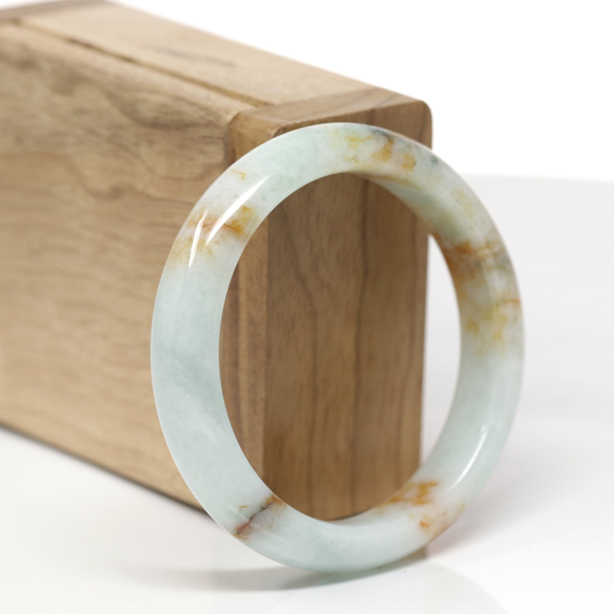 Baikalla Natural Light Green &amp; Orange Sajin Jadeite Jade "Half Round" Bangle Bracelet (54mm) 