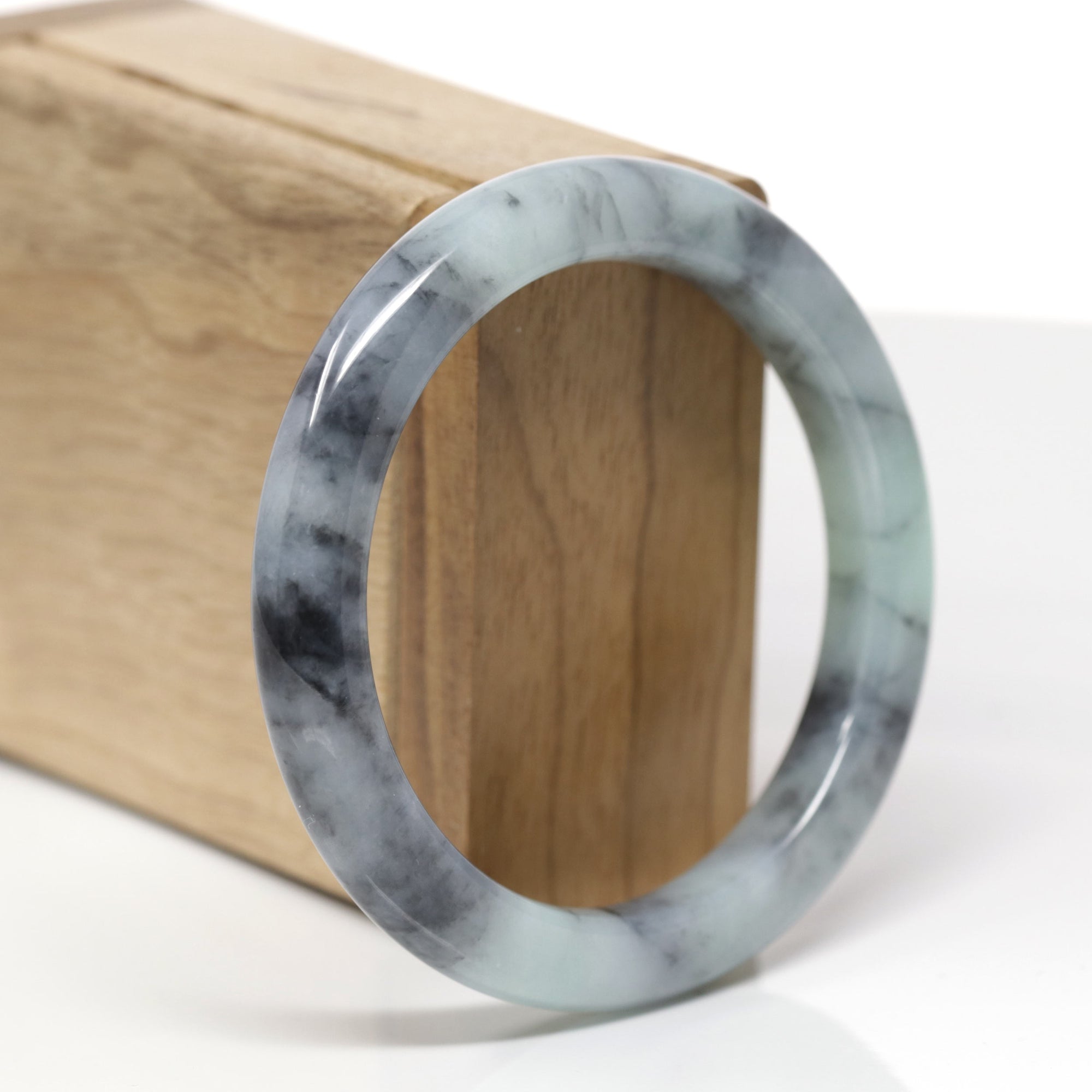 Baikalla Natural Black Wuji &amp; Green Jadeite Jade "Half Round" Bangle Bracelet (56.5mm) 