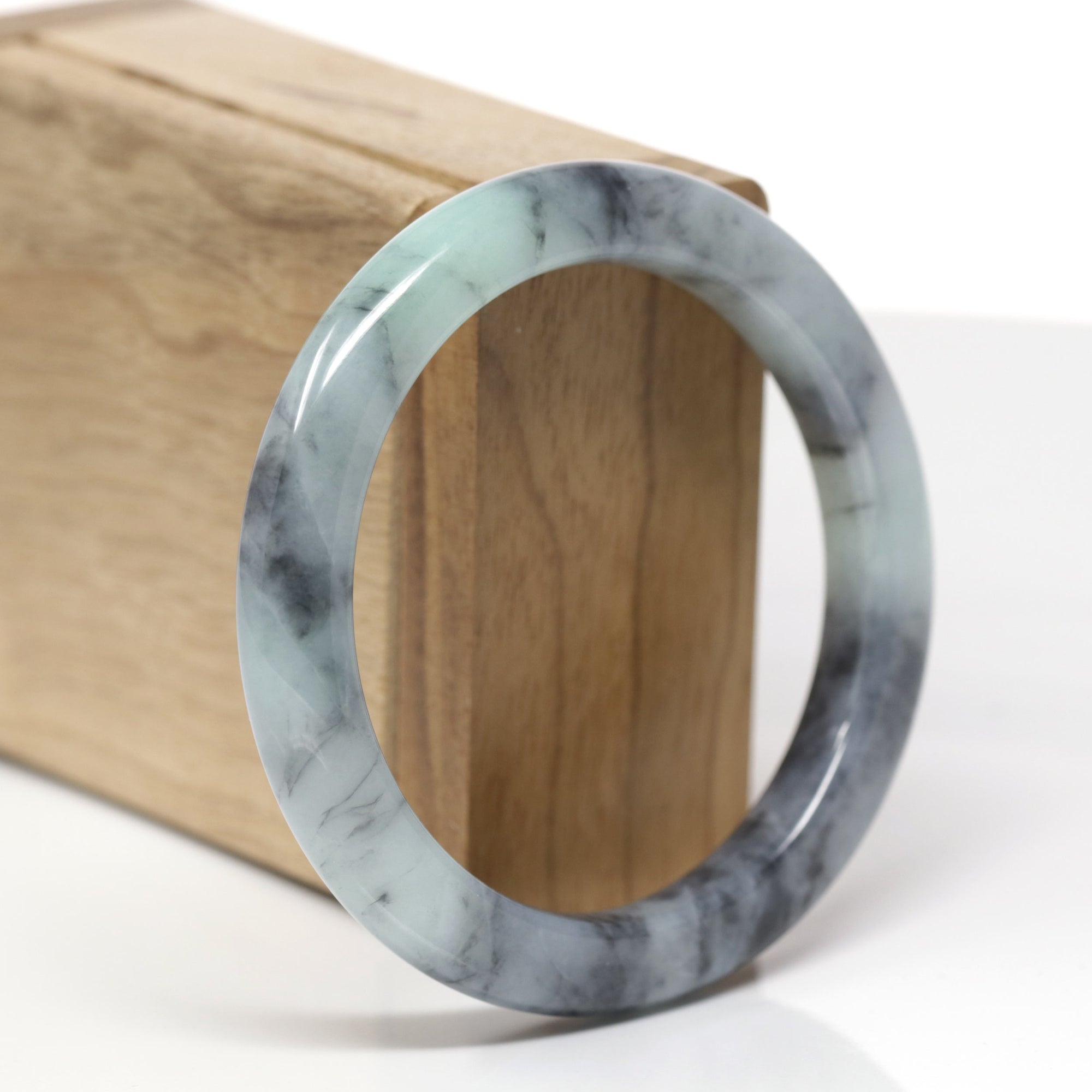 Baikalla Natural Black Wuji &amp; Green Jadeite Jade "Half Round" Bangle Bracelet (56.5mm) 