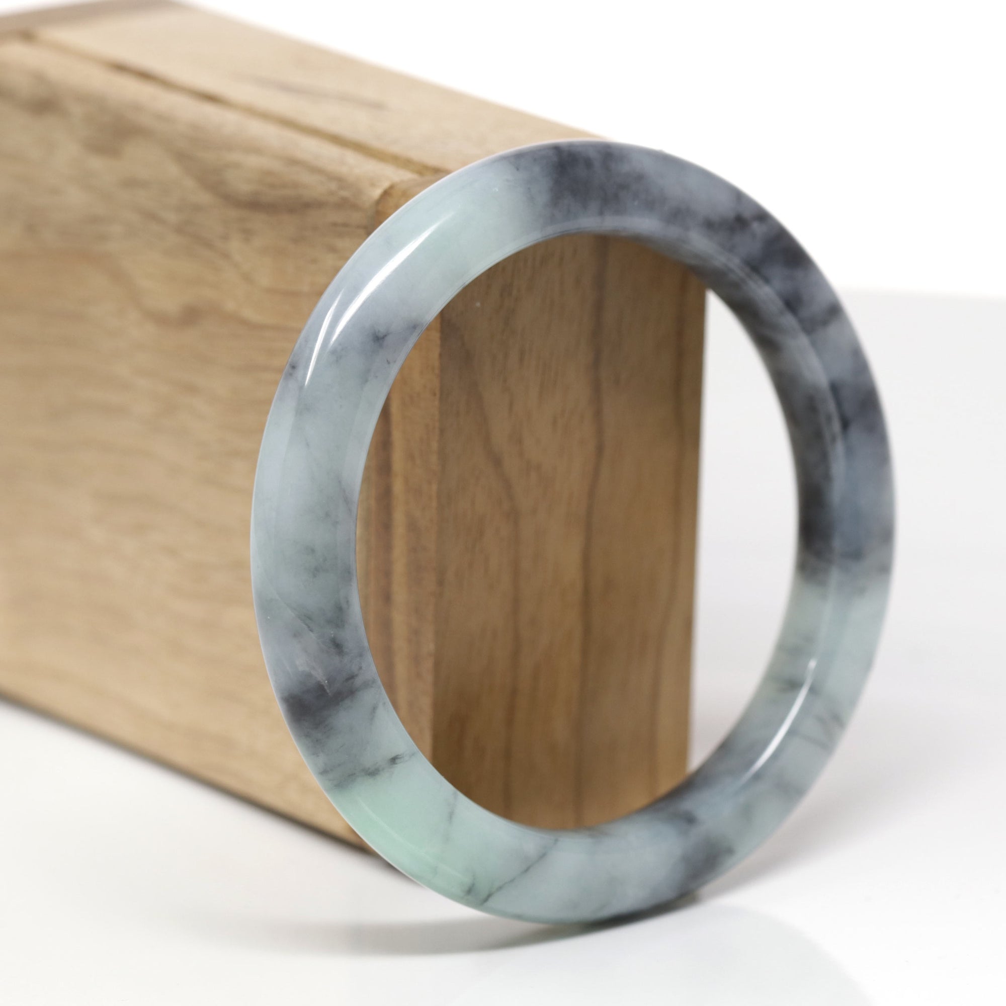 Baikalla Natural Black Wuji &amp; Green Jadeite Jade "Half Round" Bangle Bracelet (56.5mm) 
