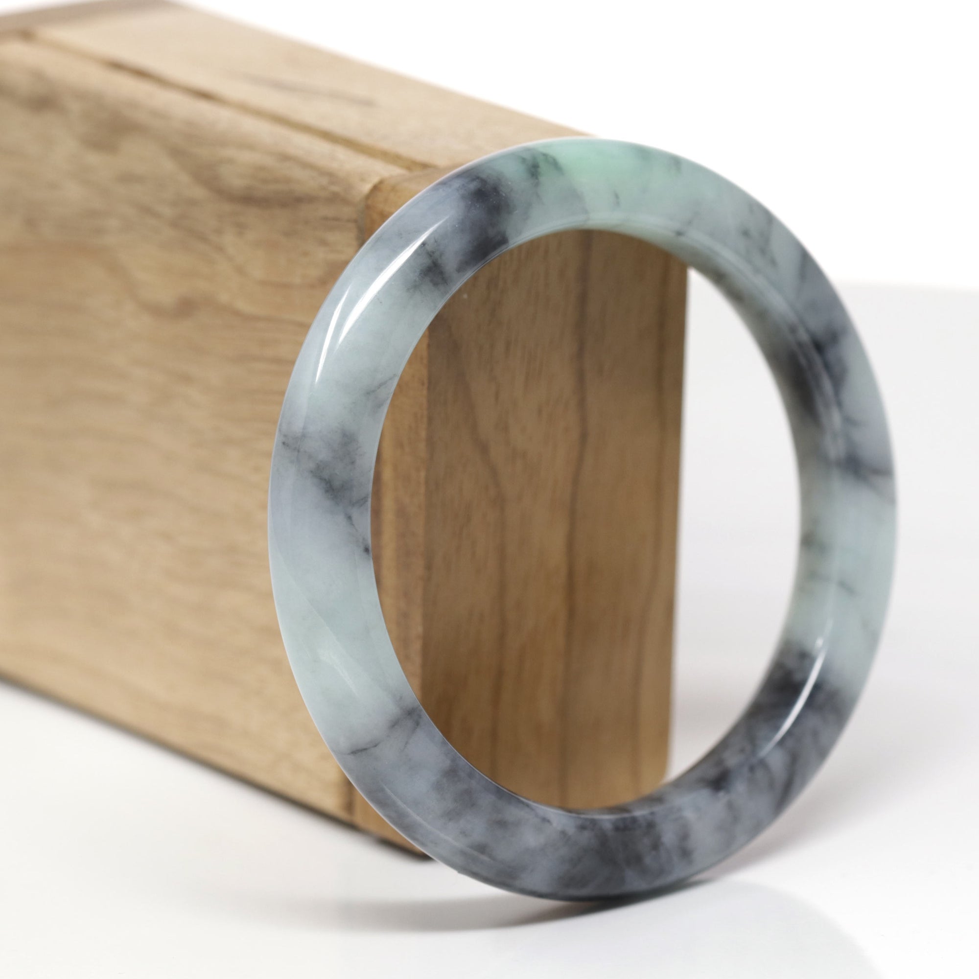 Baikalla Natural Black Wuji &amp; Green Jadeite Jade "Half Round" Bangle Bracelet (56.5mm) 