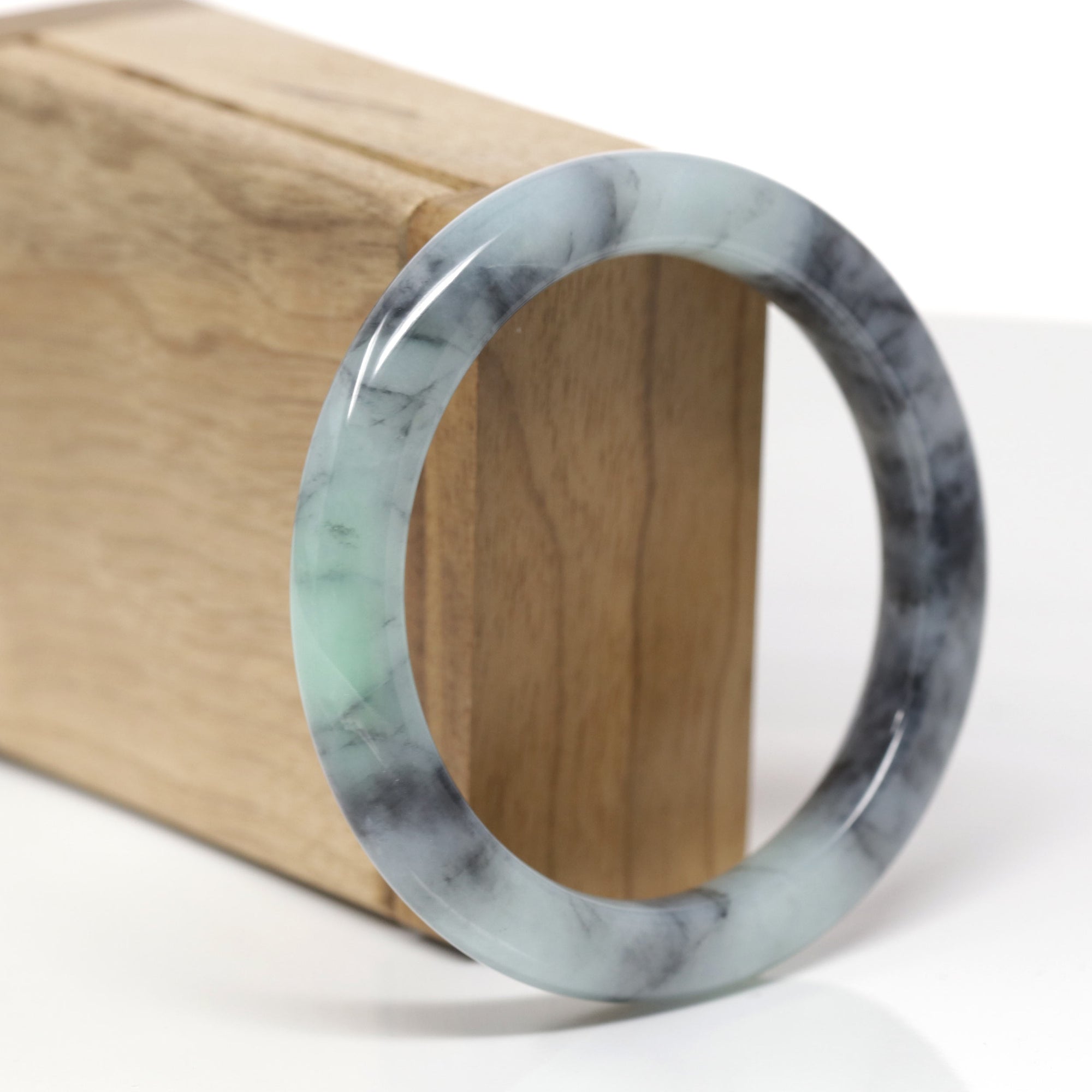 Baikalla Natural Black Wuji &amp; Green Jadeite Jade "Half Round" Bangle Bracelet (56.5mm) 