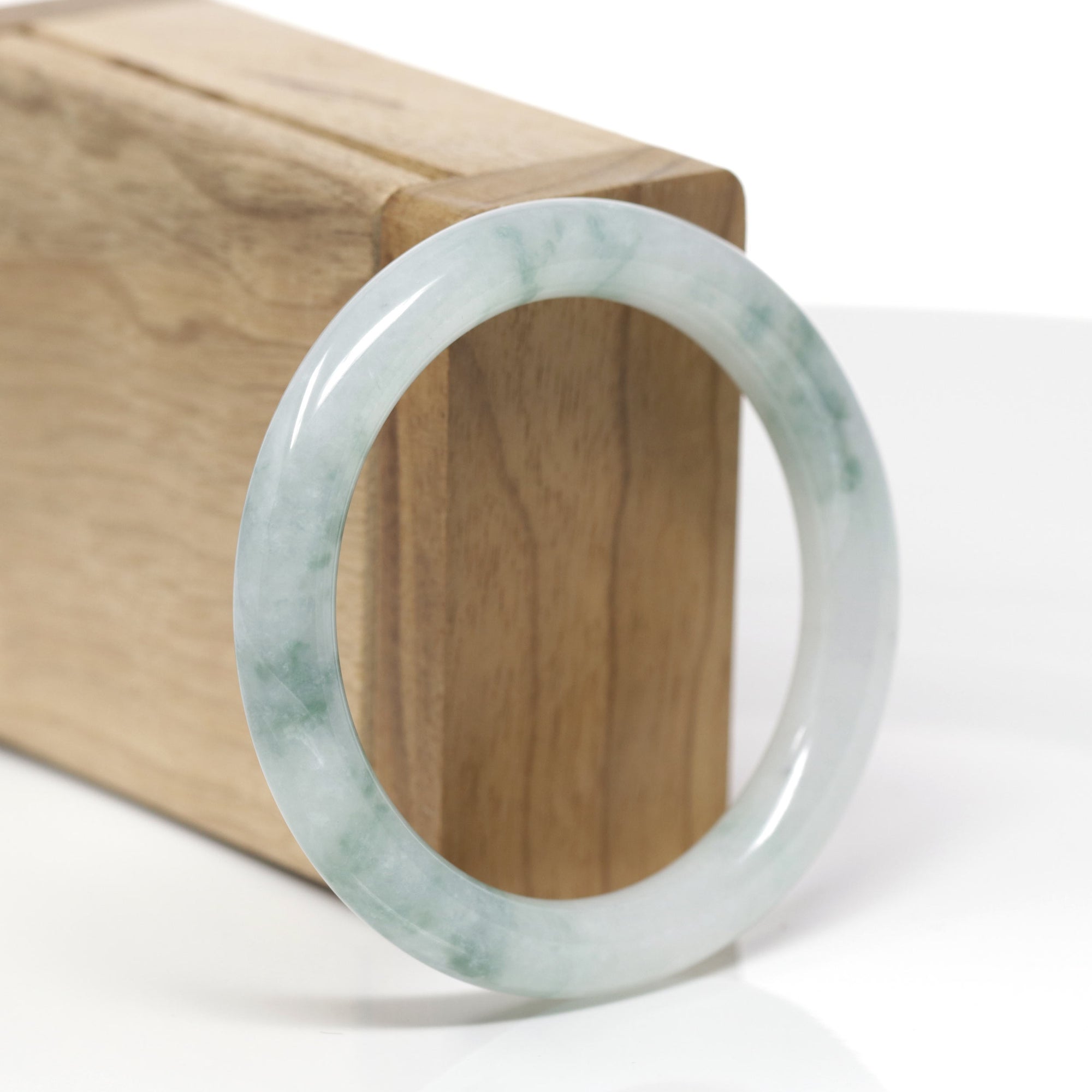 Baikalla Natural Icy Light Blue-Green Flowers Jadeite Jade "Traditional Round" Bangle Bracelet (53mm) 