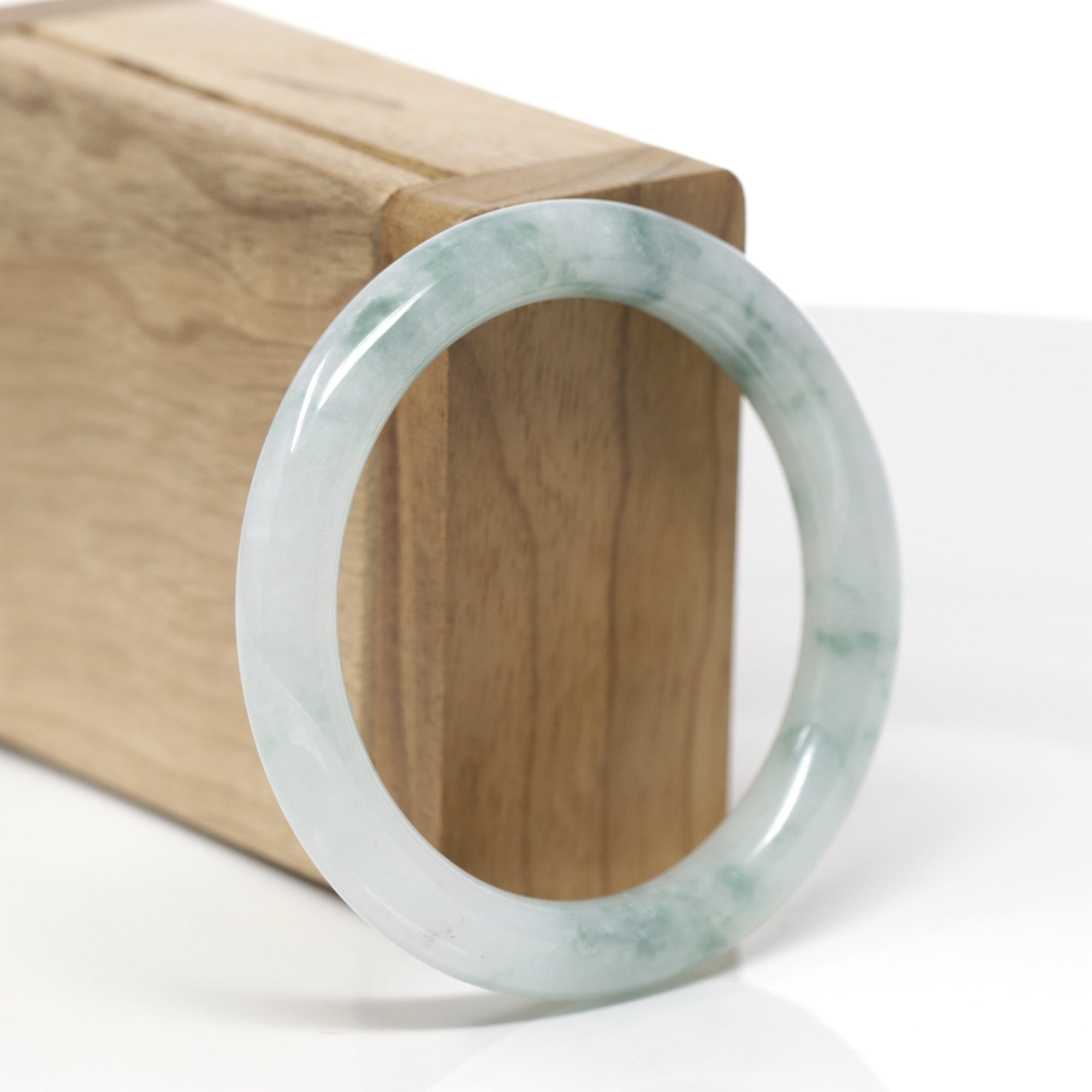 Baikalla Natural Icy Light Blue-Green Flowers Jadeite Jade "Traditional Round" Bangle Bracelet (53mm) 