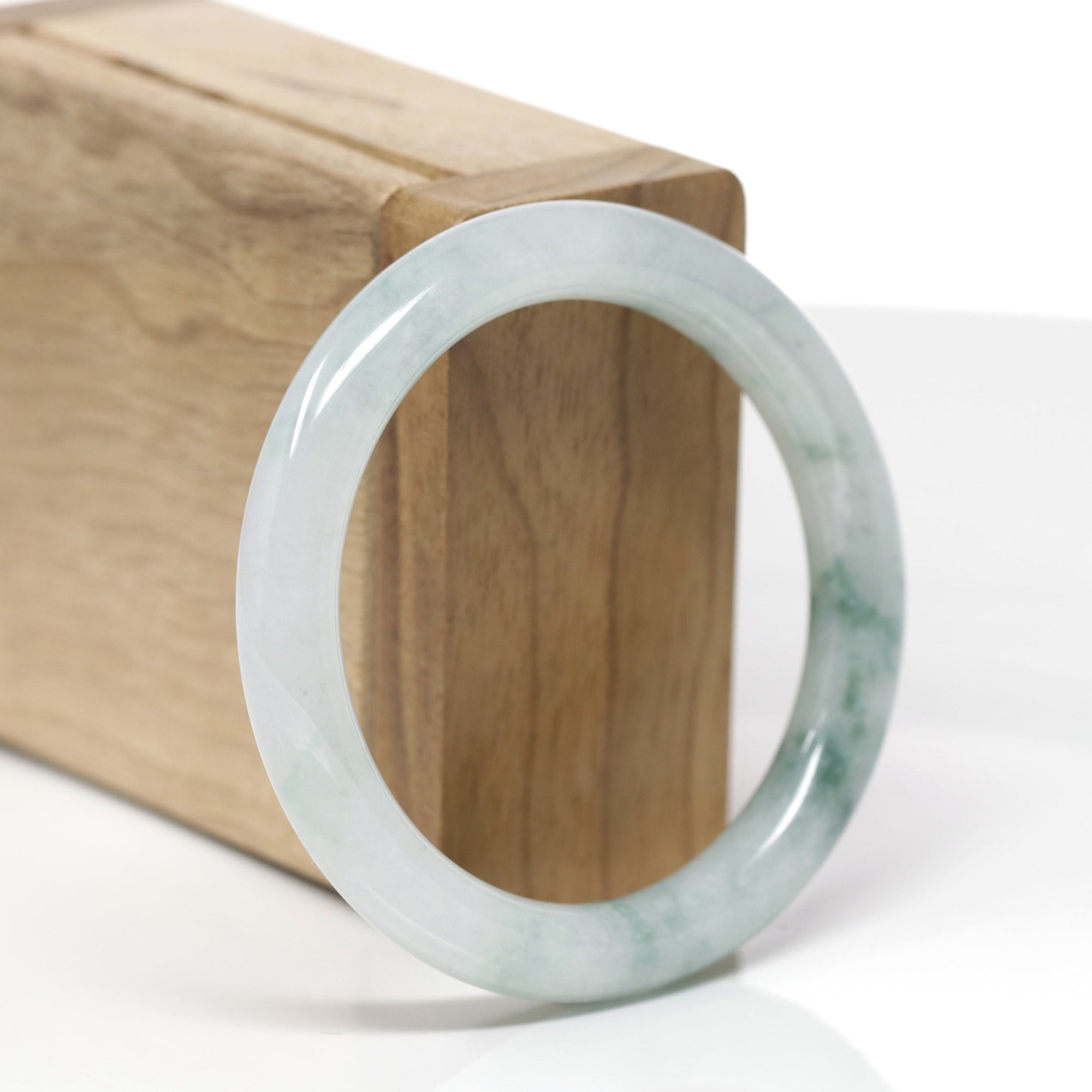 Baikalla Natural Icy Light Blue-Green Flowers Jadeite Jade "Traditional Round" Bangle Bracelet (53mm) 
