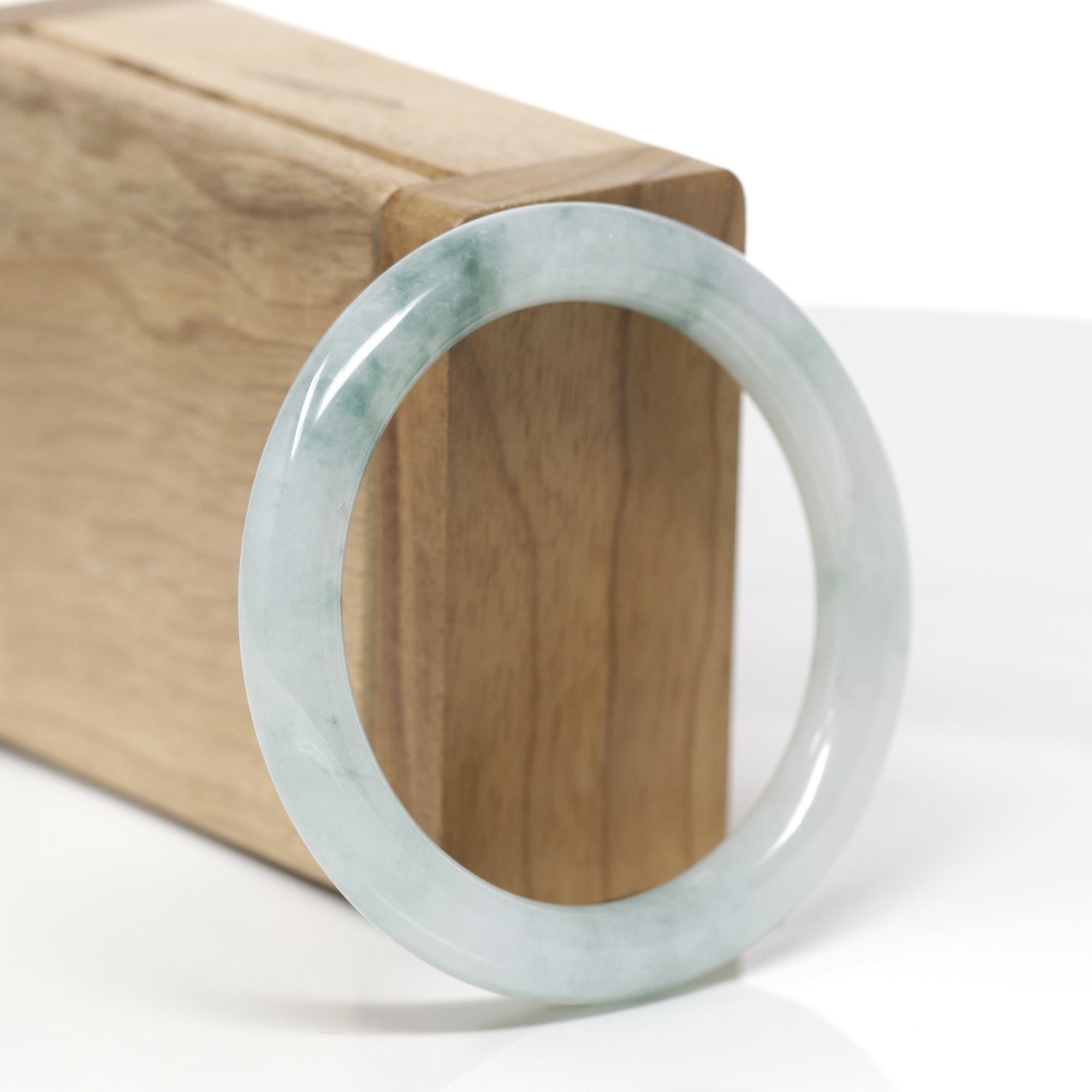 Baikalla Natural Icy Light Blue-Green Flowers Jadeite Jade "Traditional Round" Bangle Bracelet (53mm) 