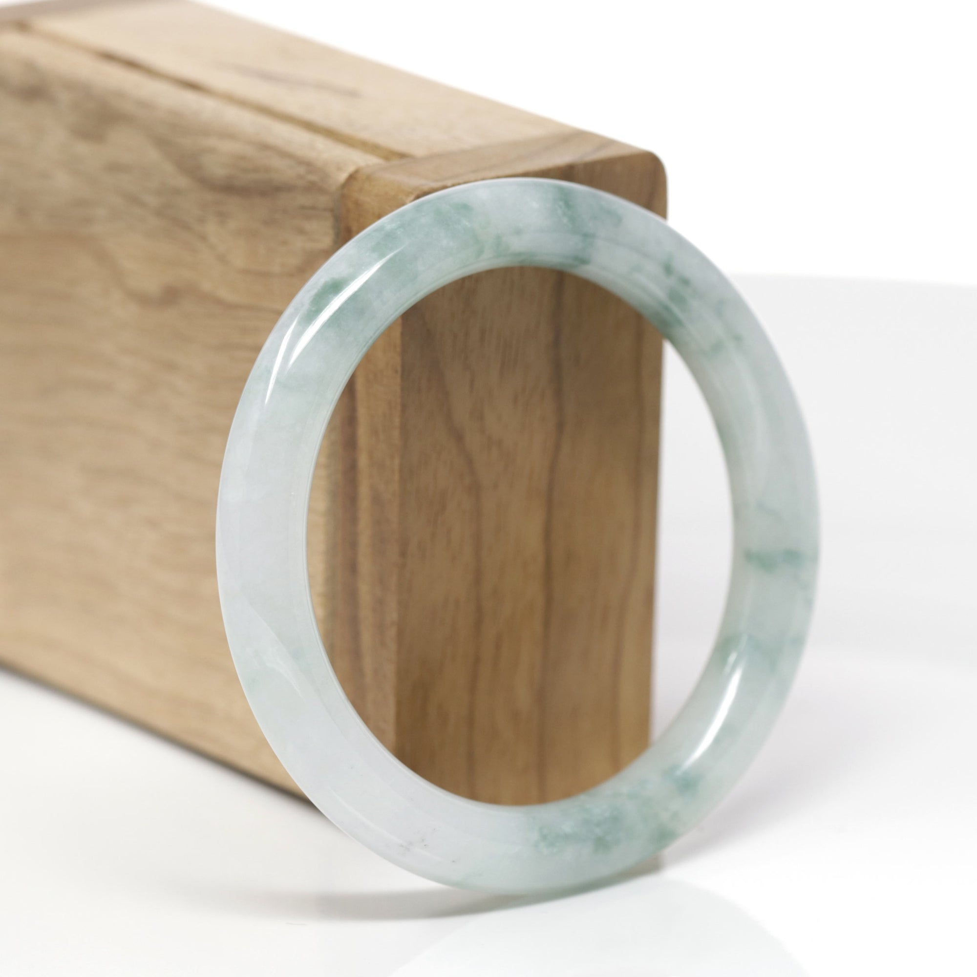 Baikalla Natural Icy Light Blue-Green Flowers Jadeite Jade "Traditional Round" Bangle Bracelet (53mm) 