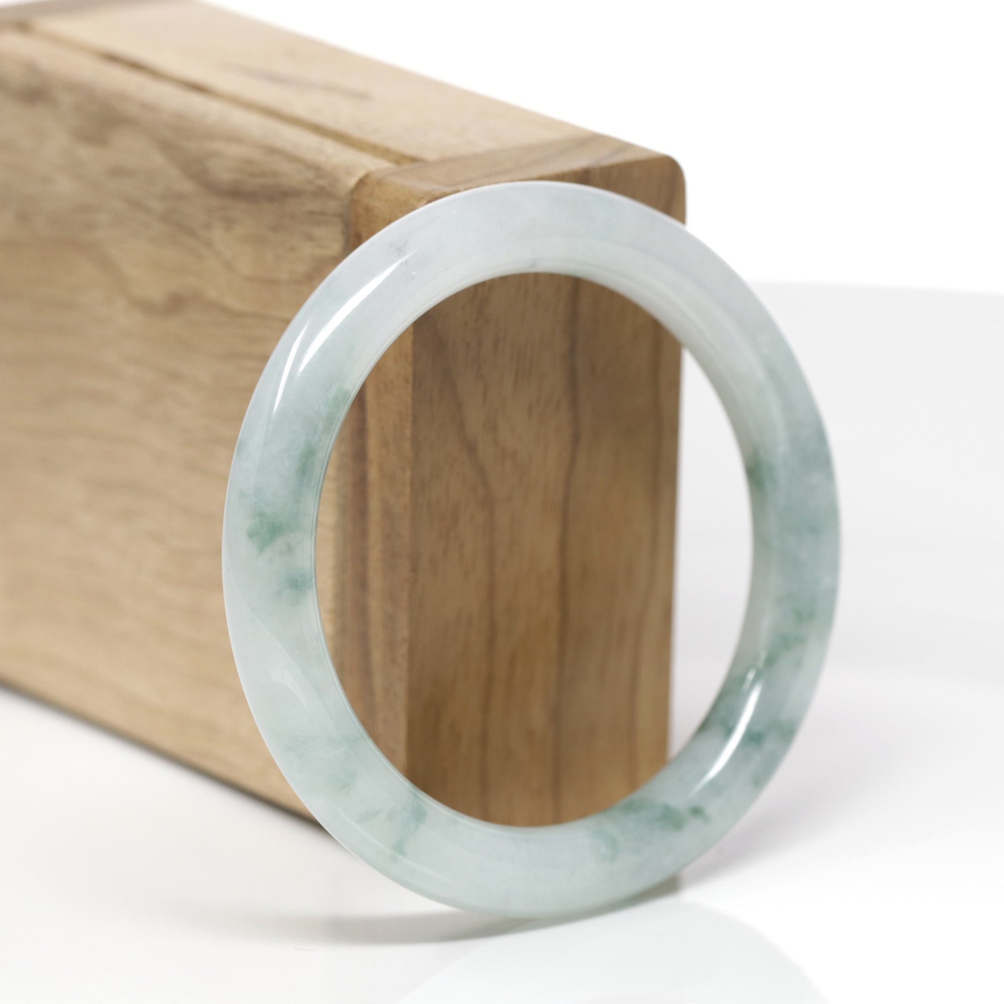 Baikalla Natural Icy Light Blue-Green Flowers Jadeite Jade "Traditional Round" Bangle Bracelet (53mm) 