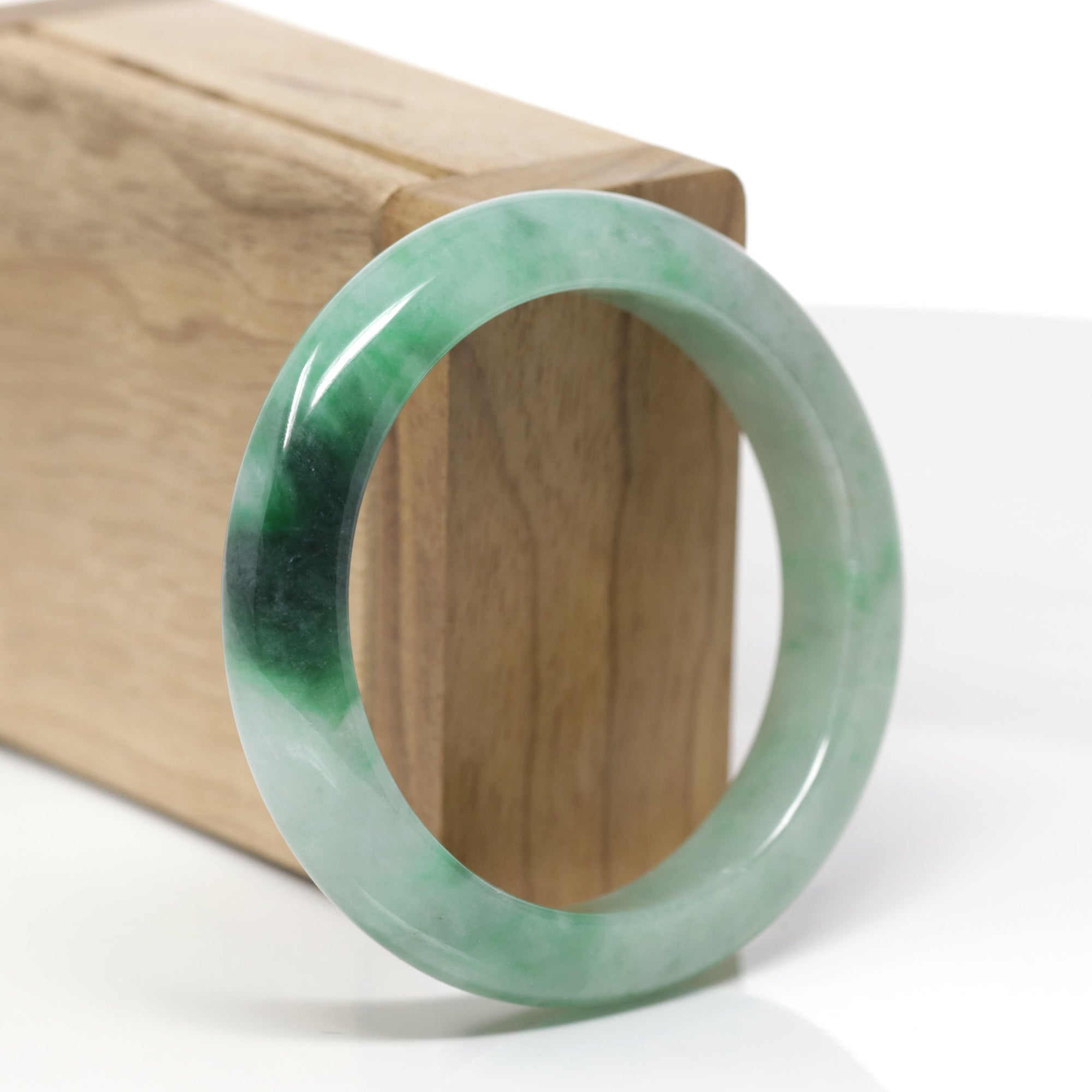 Baikalla Natural Deep Forest-Green Patch Jadeite Jade "Half Round" Bangle Bracelet (53.9mm) 