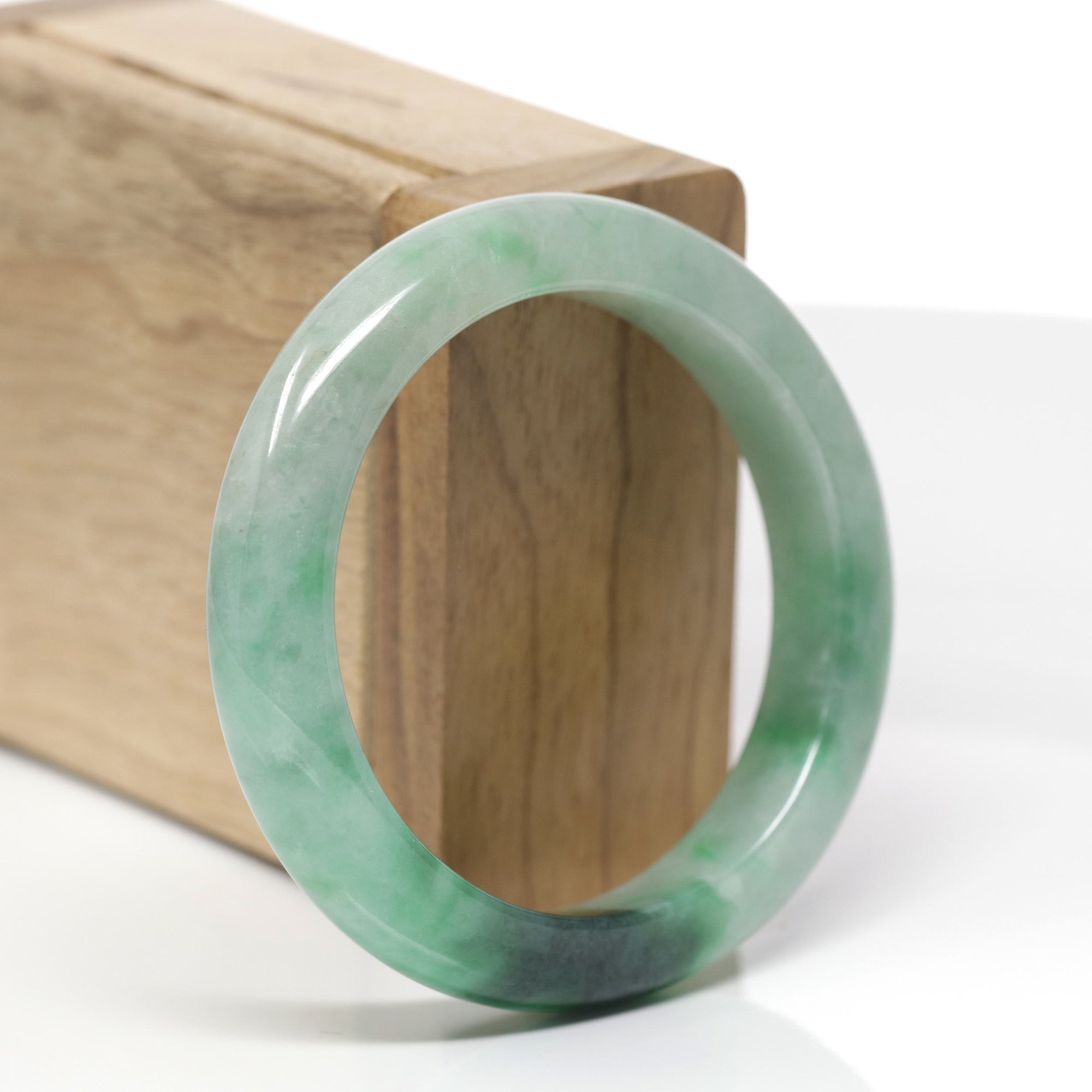 Baikalla Natural Deep Forest-Green Patch Jadeite Jade "Half Round" Bangle Bracelet (53.9mm) 