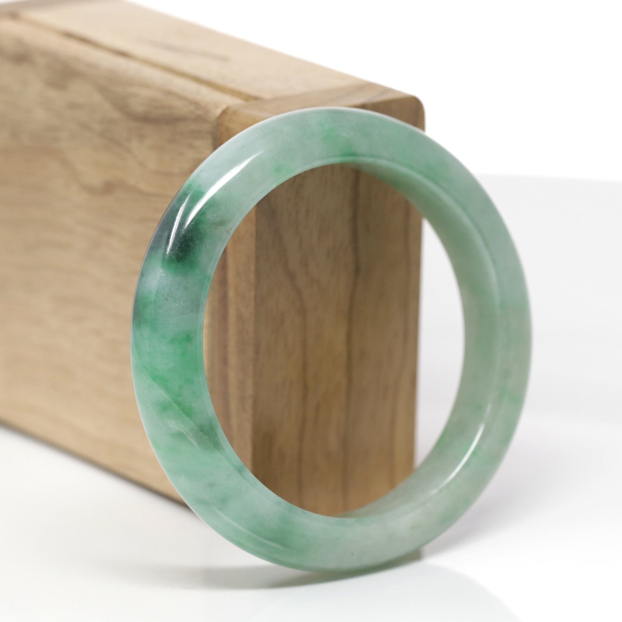 Baikalla Natural Deep Forest-Green Patch Jadeite Jade "Half Round" Bangle Bracelet (53.9mm) 