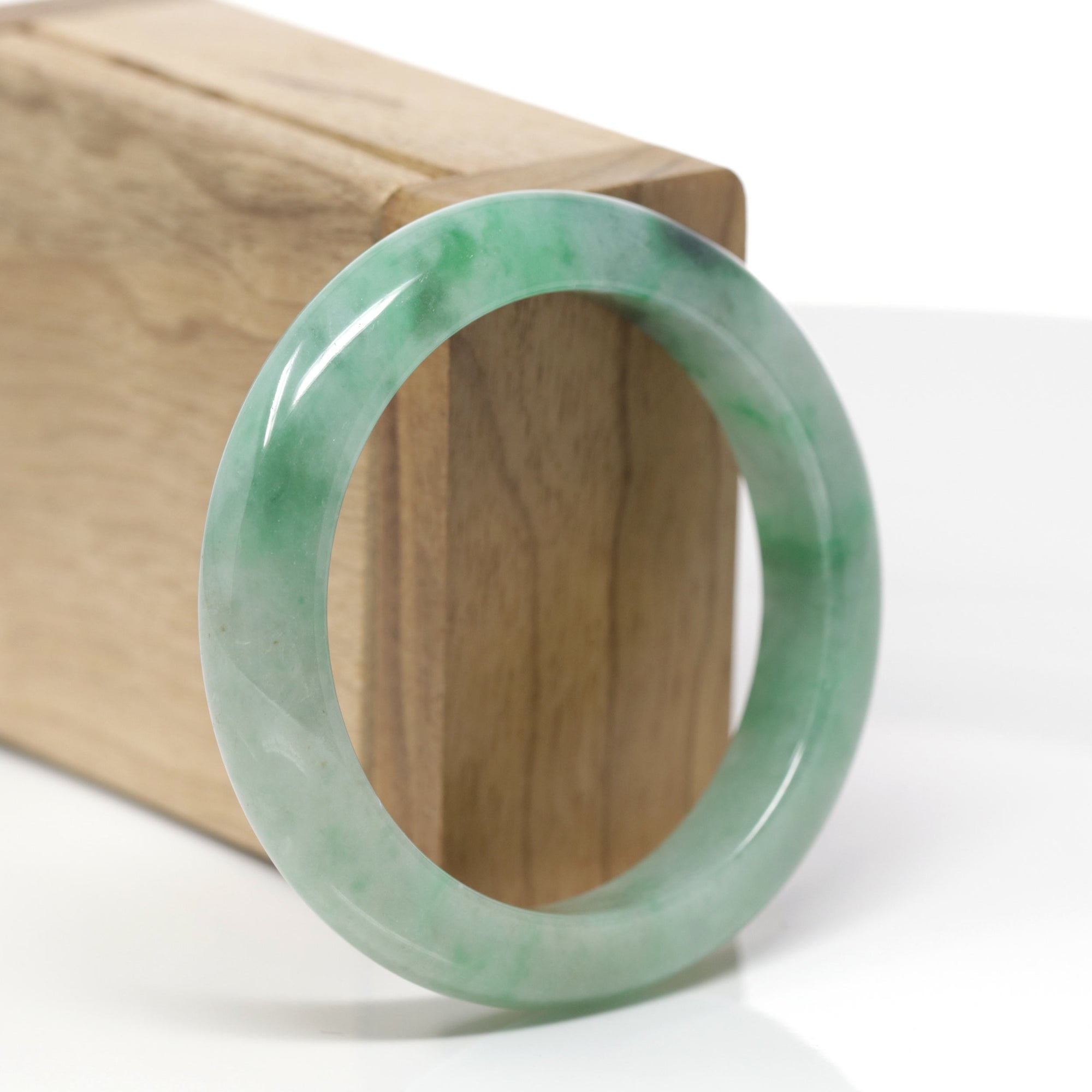 Baikalla Natural Deep Forest-Green Patch Jadeite Jade "Half Round" Bangle Bracelet (53.9mm) 
