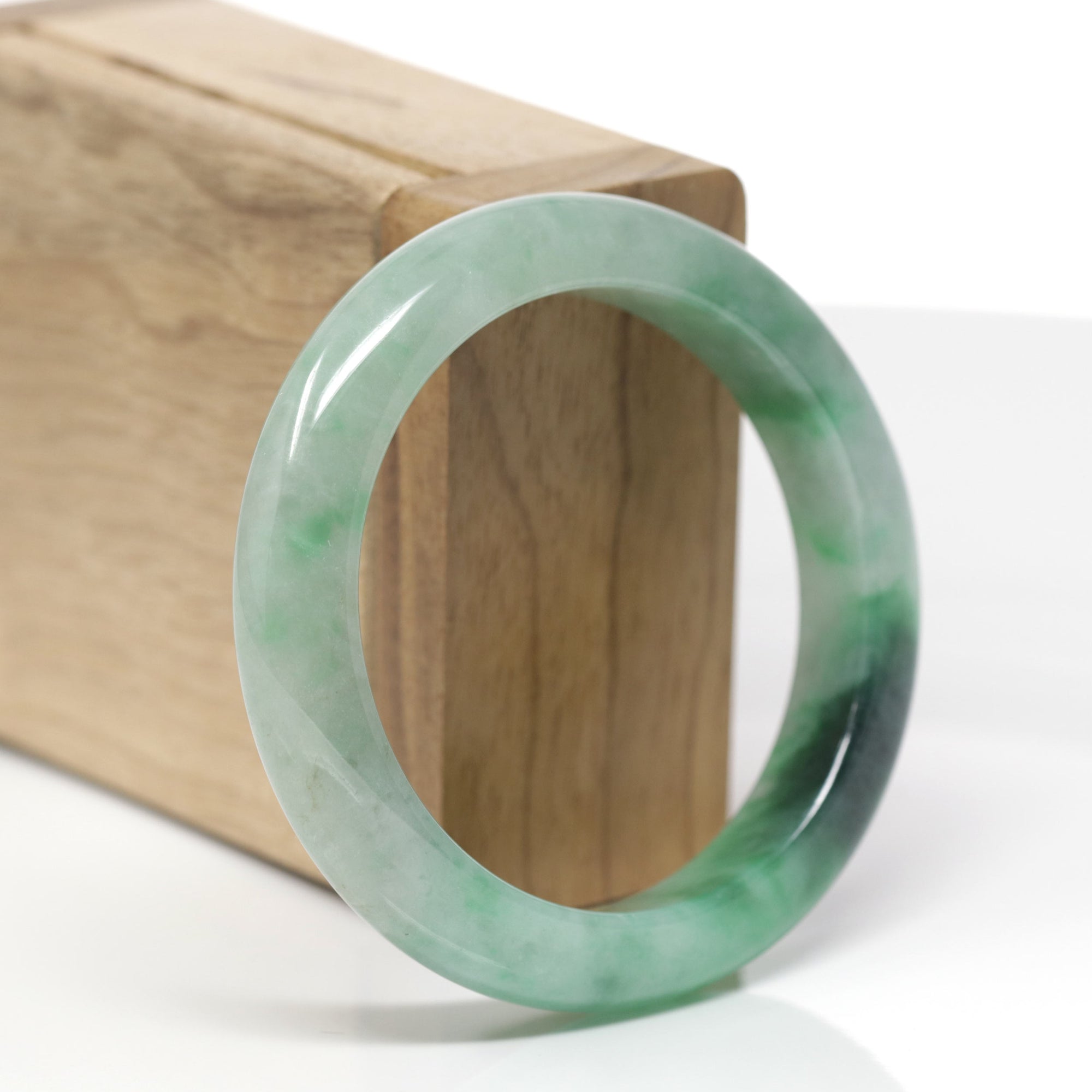 Baikalla Natural Deep Forest-Green Patch Jadeite Jade "Half Round" Bangle Bracelet (53.9mm) 