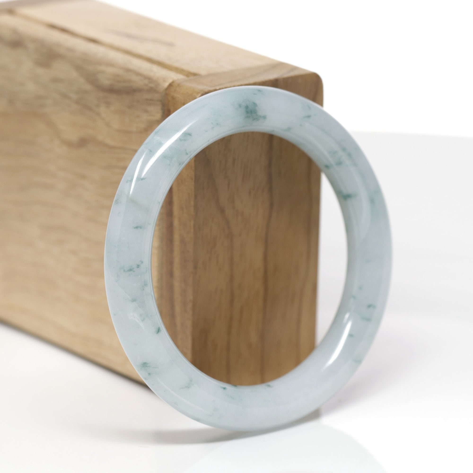 Baikalla Natural Icy Light Blue-Green Flowers Jadeite Jade "Traditional Round" Bangle Bracelet (51.5mm) 