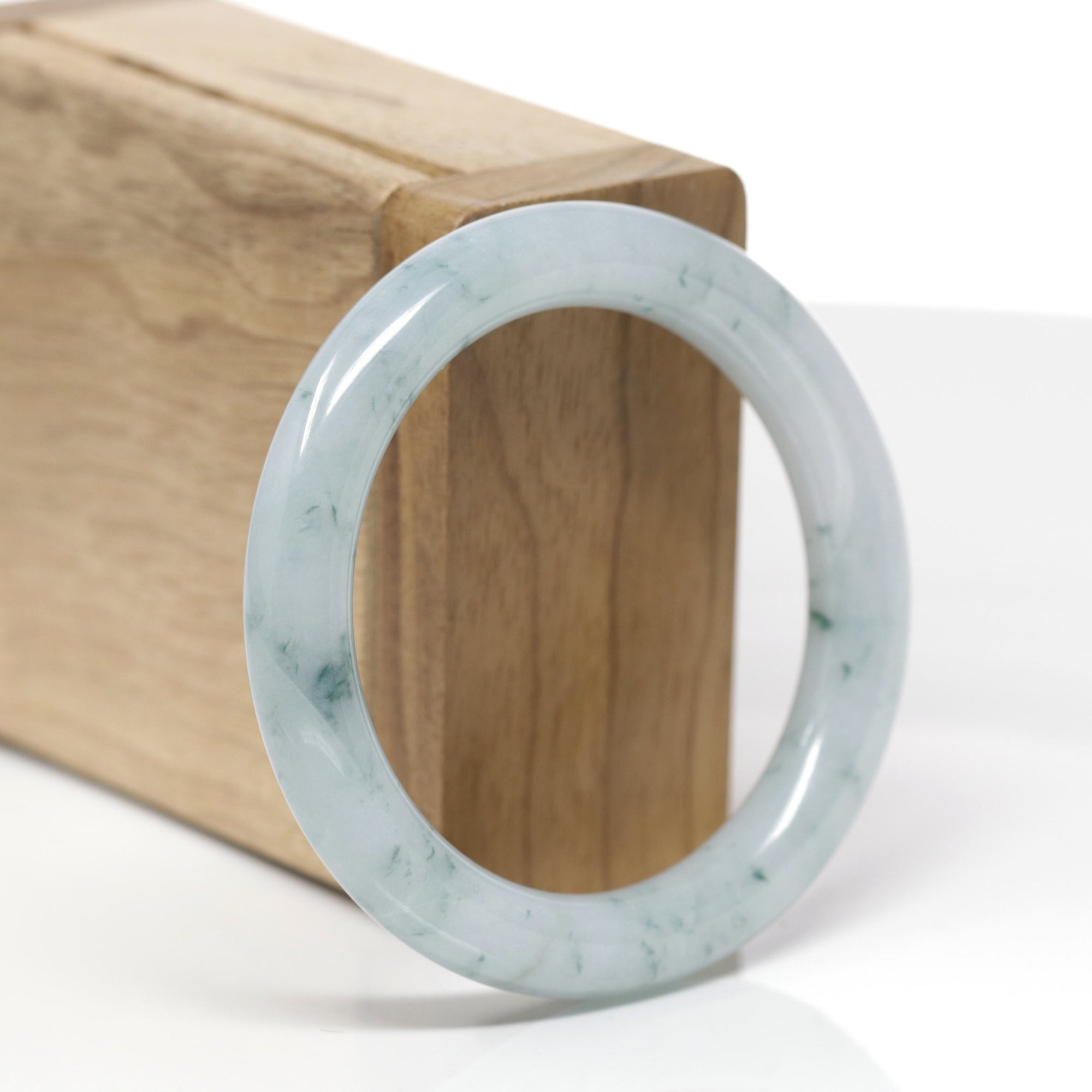 Baikalla Natural Icy Light Blue-Green Flowers Jadeite Jade "Traditional Round" Bangle Bracelet (51.5mm) 
