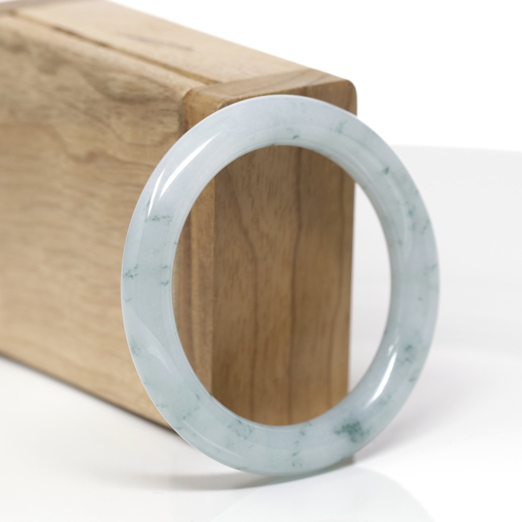 Baikalla Natural Icy Light Blue-Green Flowers Jadeite Jade "Traditional Round" Bangle Bracelet (51.5mm) 