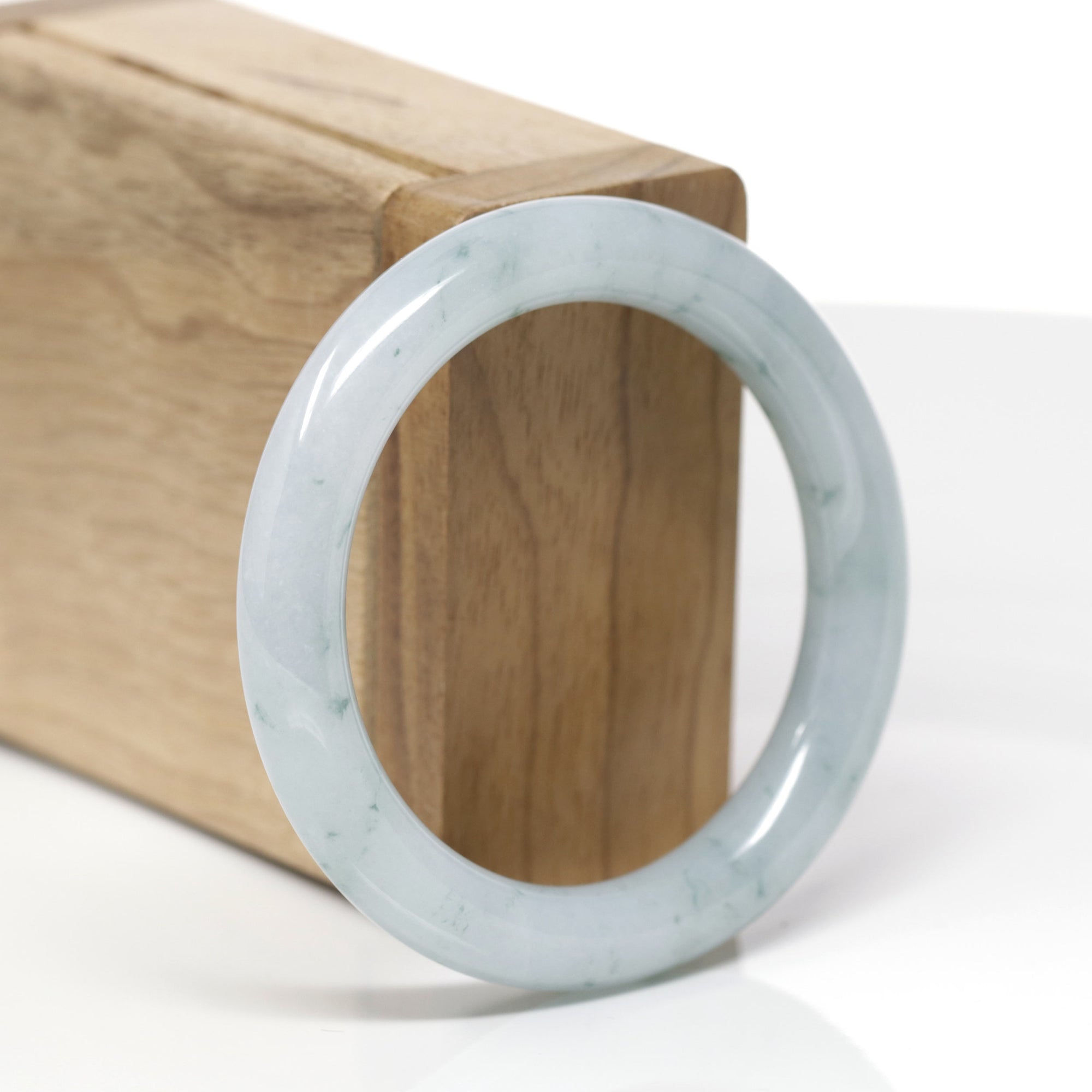 Baikalla Natural Icy Light Blue-Green Flowers Jadeite Jade "Traditional Round" Bangle Bracelet (51.5mm) 
