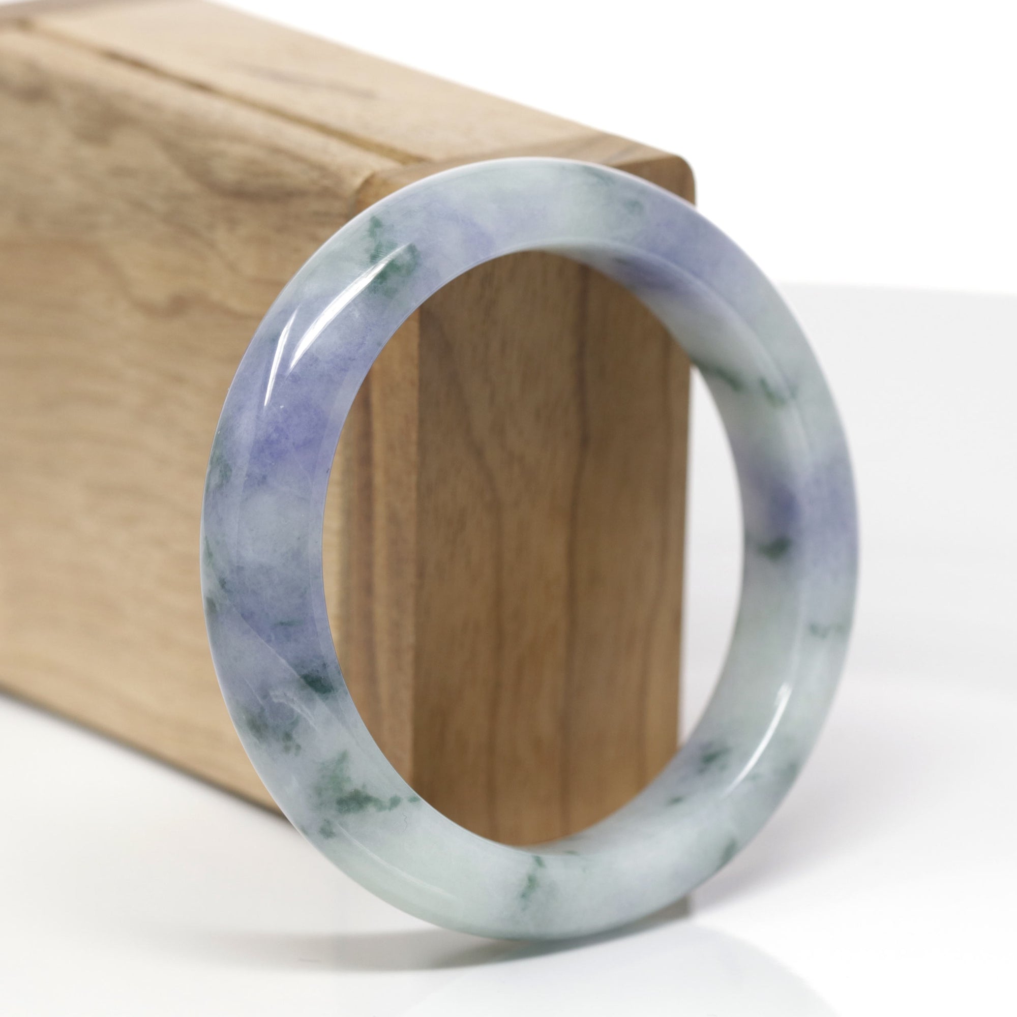 High-End Natural Lavender &amp; Blue-Green Flower Jadeite Jade "Half Round" Bangle Bracelet (55.8mm) 