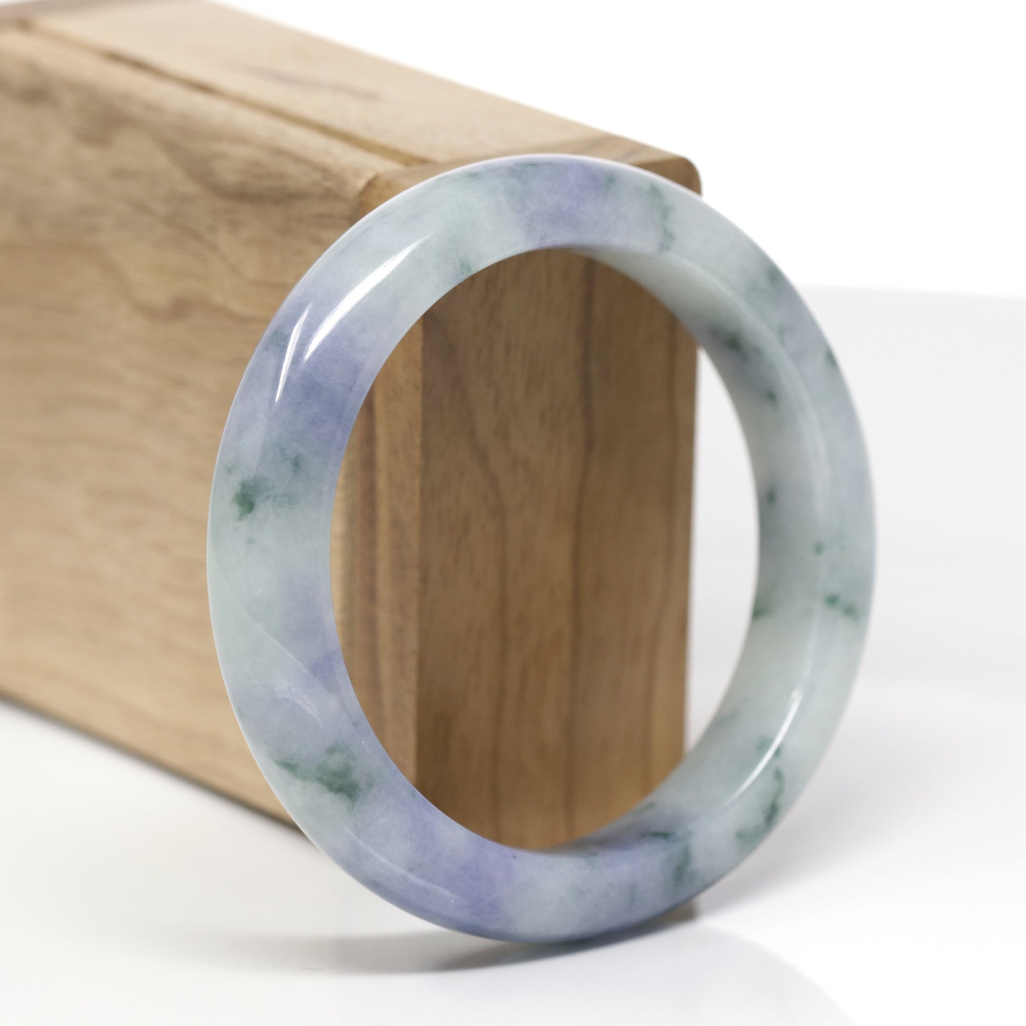 High-End Natural Lavender &amp; Blue-Green Flower Jadeite Jade "Half Round" Bangle Bracelet (55.8mm) 