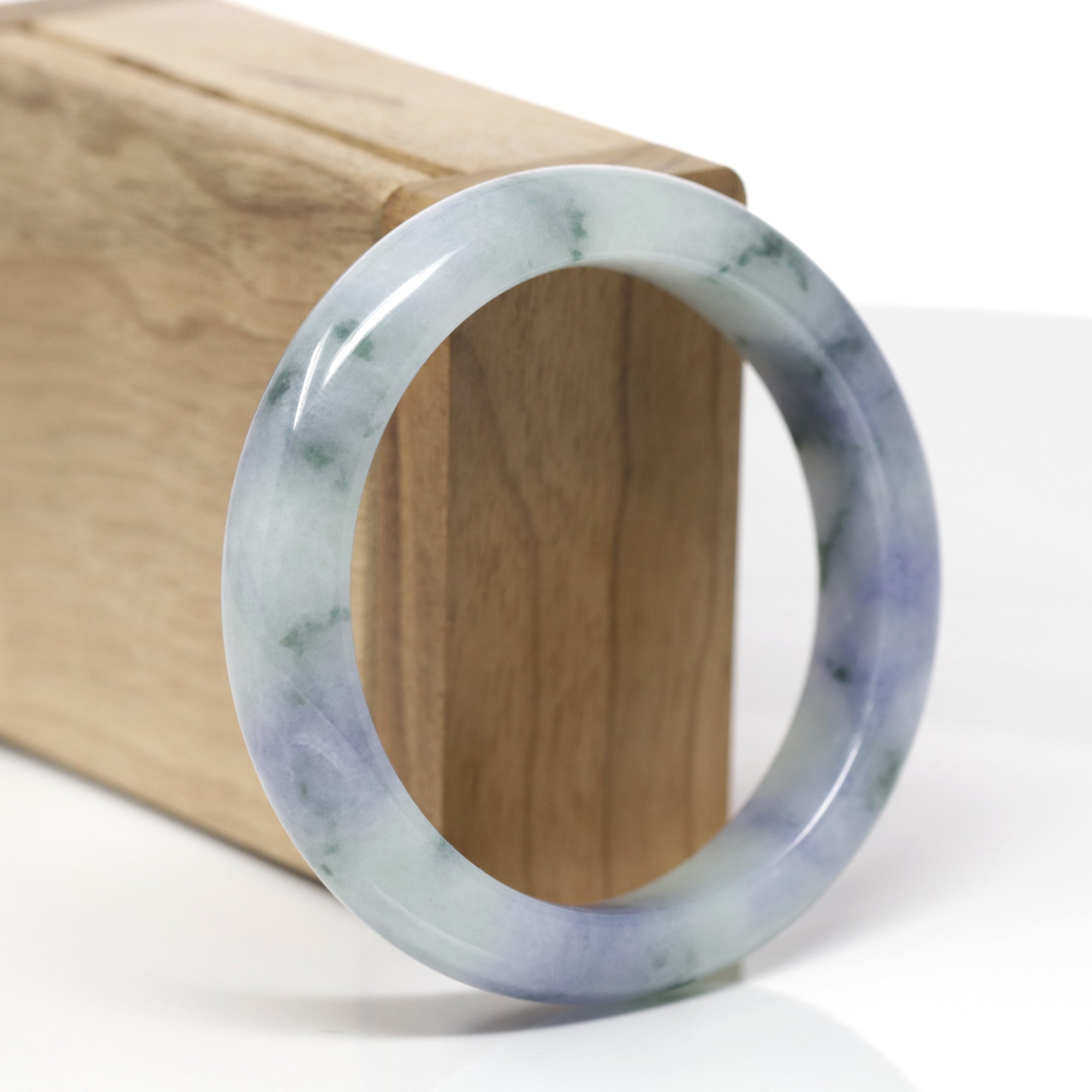 High-End Natural Lavender &amp; Blue-Green Flower Jadeite Jade "Half Round" Bangle Bracelet (55.8mm) 
