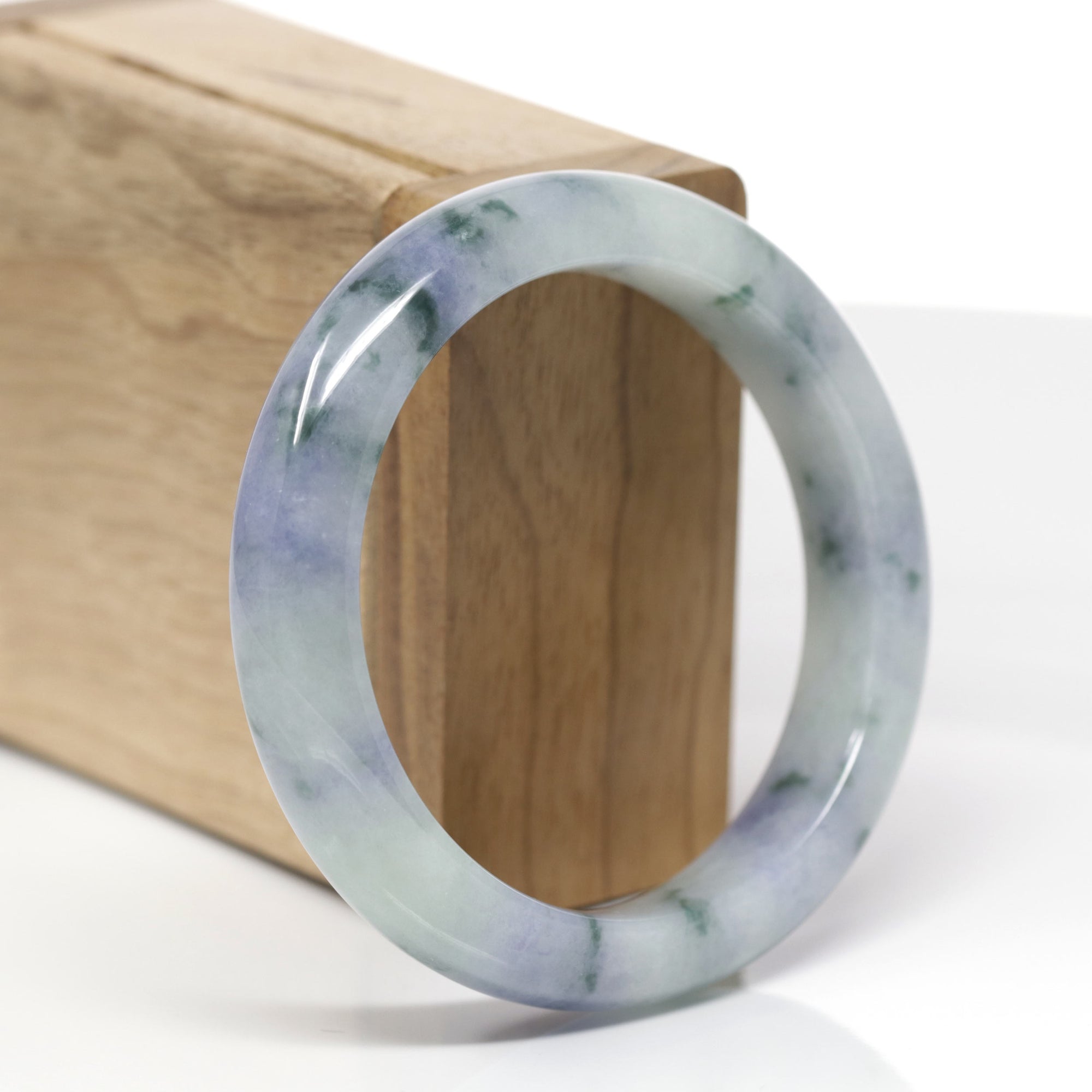 High-End Natural Lavender &amp; Blue-Green Flower Jadeite Jade "Half Round" Bangle Bracelet (55.8mm) 
