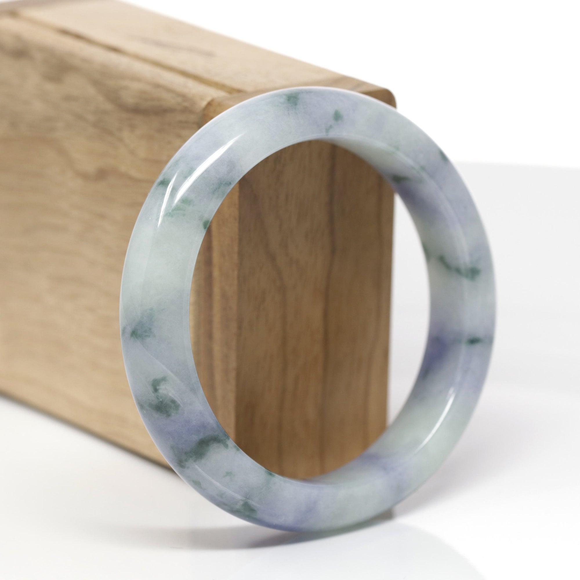 High-End Natural Lavender &amp; Blue-Green Flower Jadeite Jade "Half Round" Bangle Bracelet (55.8mm) 