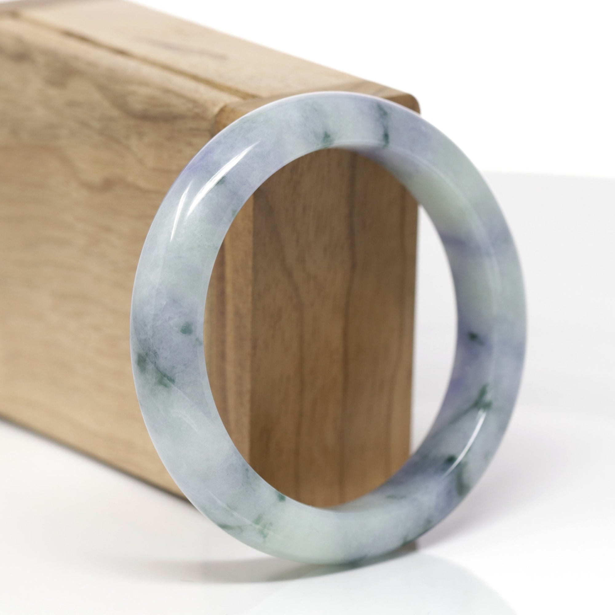 High-End Natural Lavender &amp; Blue-Green Flower Jadeite Jade "Half Round" Bangle Bracelet (55.8mm) 