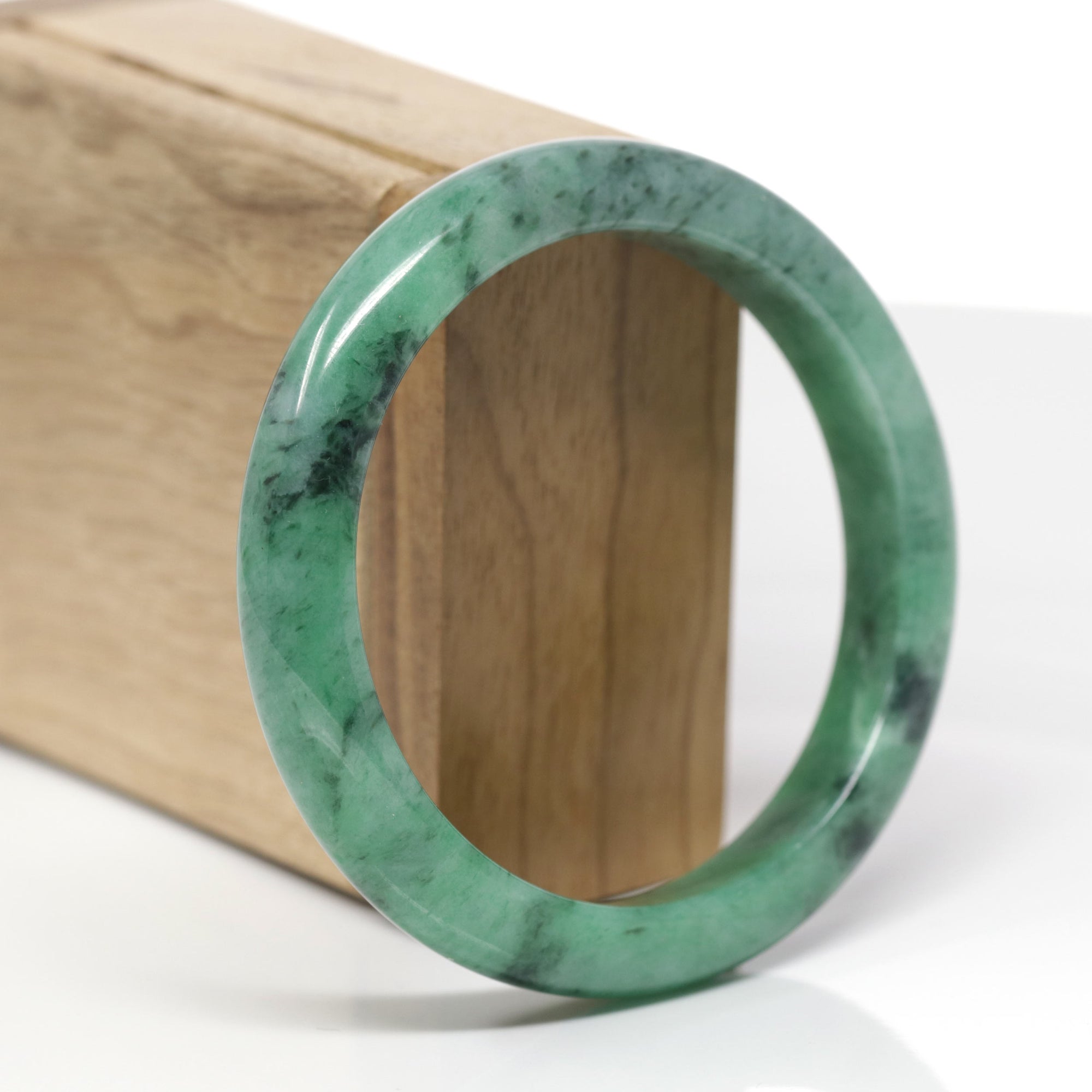 Baikalla Natural Vibrant Forest-Green Jadeite Jade "Half Round" Bangle Bracelet (58.7mm) 