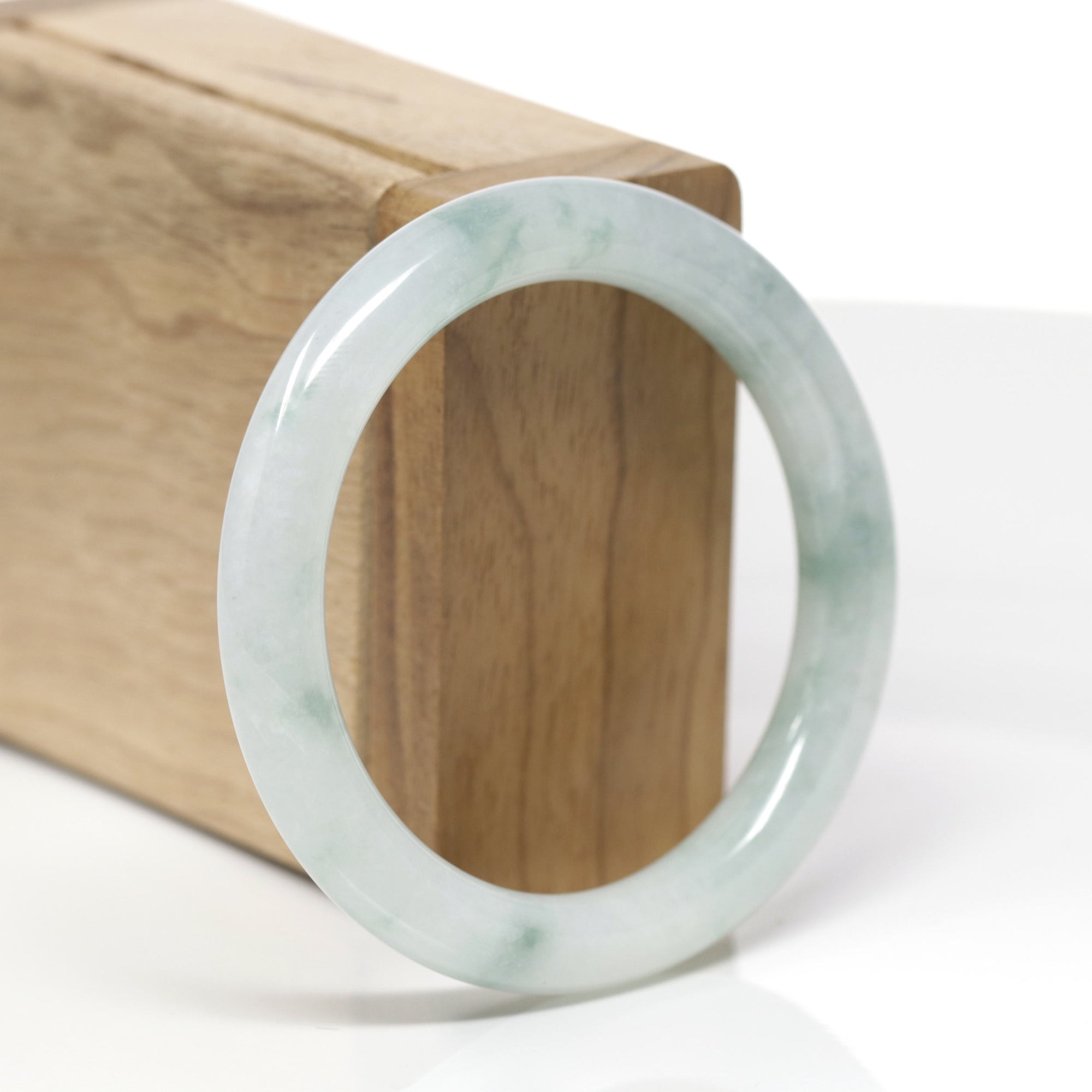 Baikalla Natural Icy Blue-Green Flowers Jadeite Jade "Traditional Full Round" Bangle Bracelet (53.8mm) 