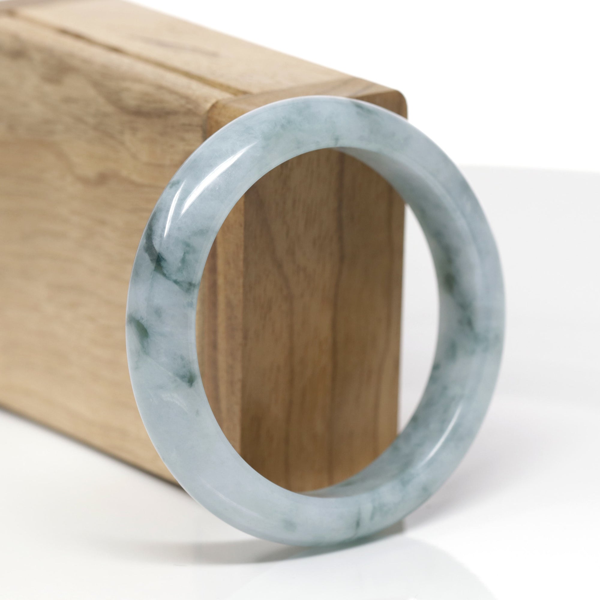 Baikalla Natural Blue-Green Flowers Jadeite Jade "Half Round" Bangle Bracelet (55.6mm) 