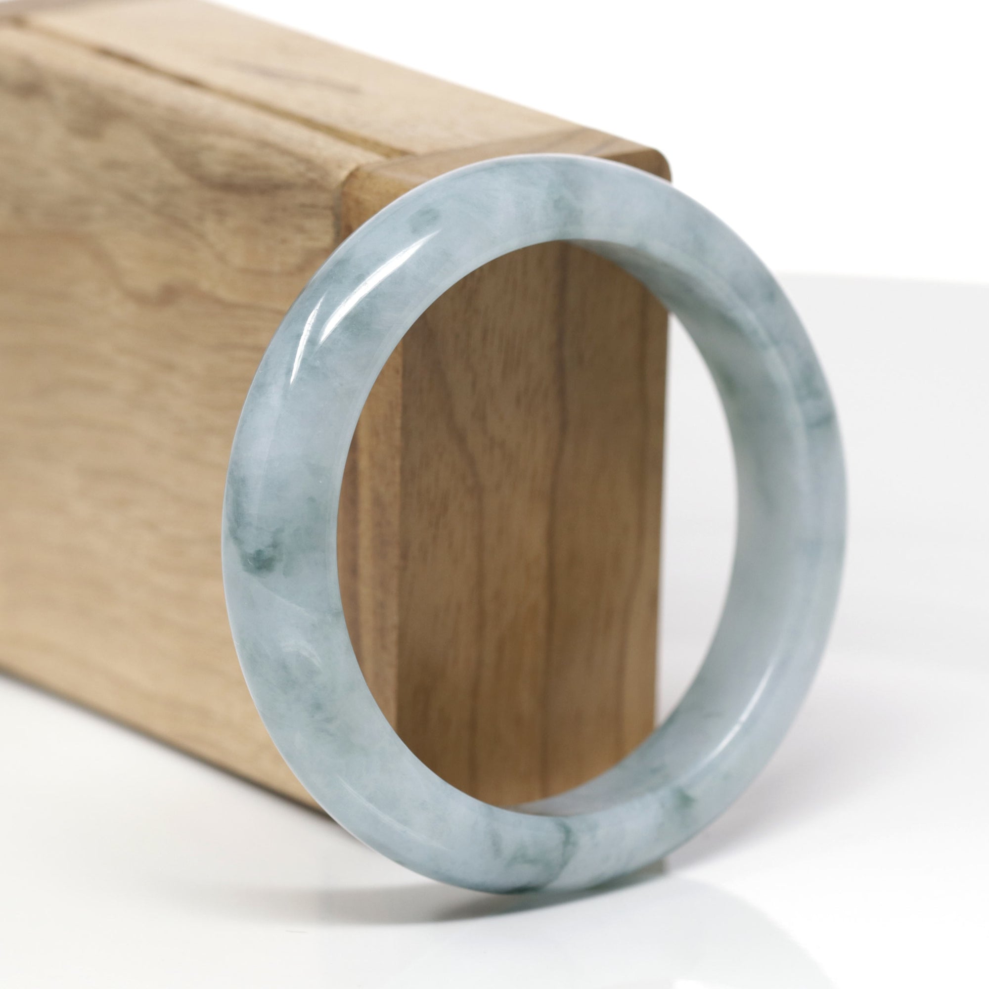 Baikalla Natural Blue-Green Flowers Jadeite Jade "Half Round" Bangle Bracelet (55.6mm) 