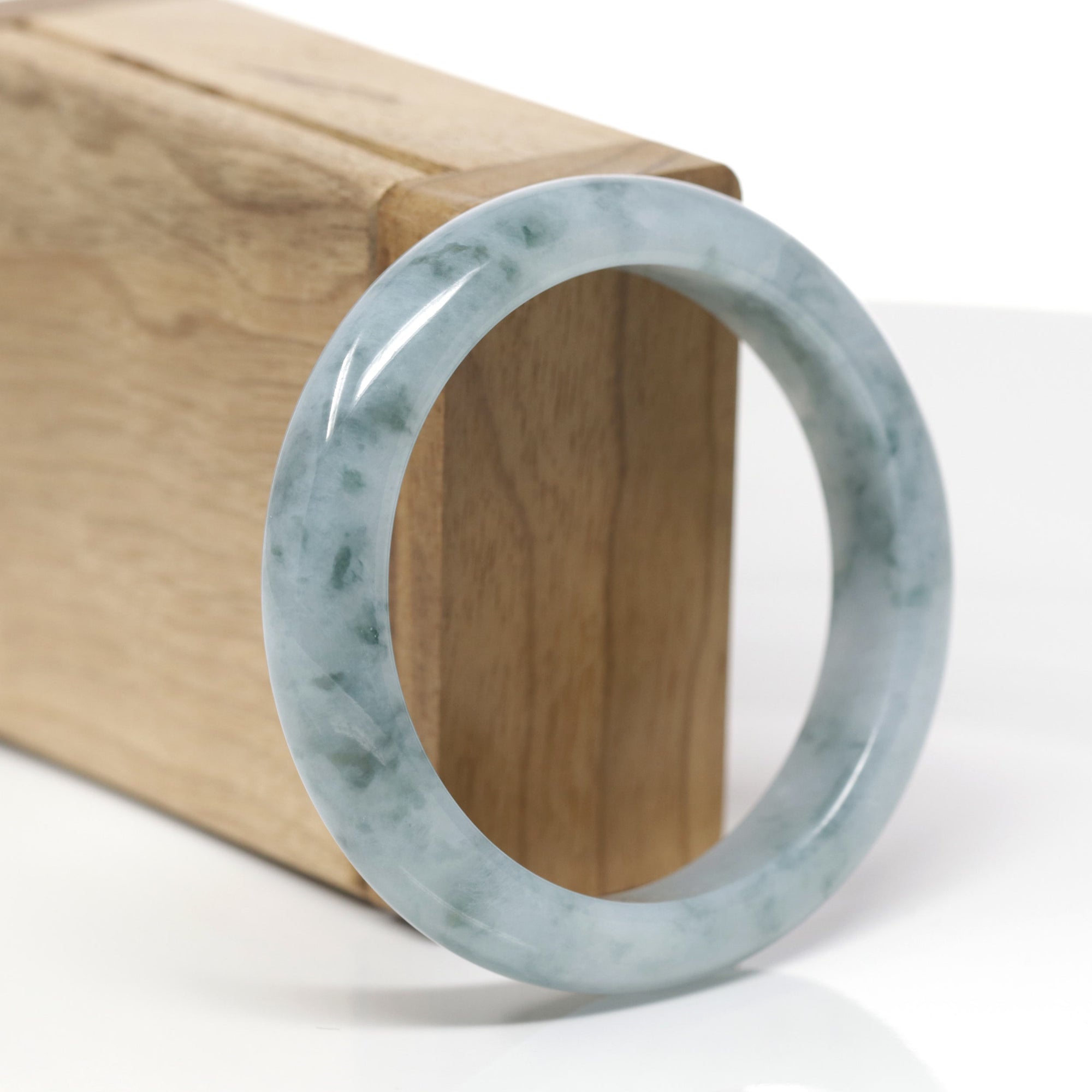 Baikalla Natural Blue-Green Flowers Jadeite Jade "Half Round" Bangle Bracelet (55.6mm) 