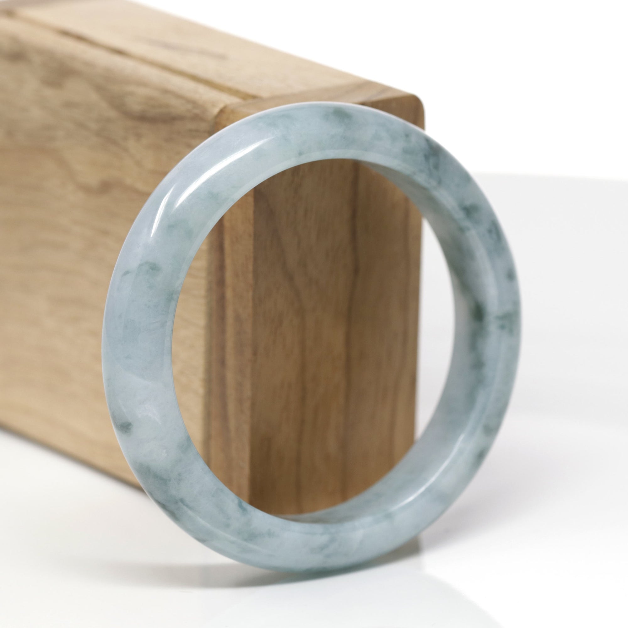 Baikalla Natural Blue-Green Flowers Jadeite Jade "Half Round" Bangle Bracelet (55.6mm) 