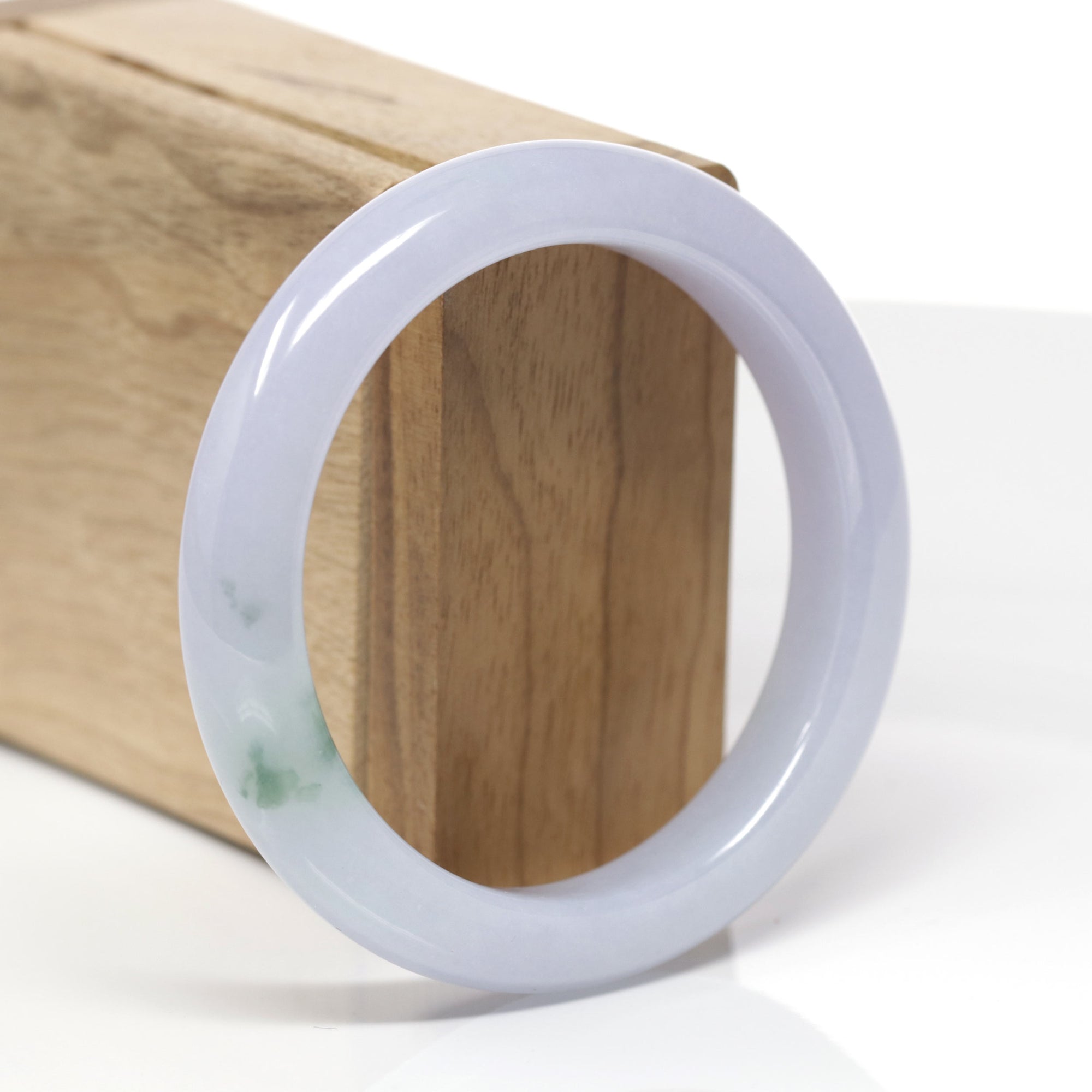 High-End Natural Icy Lavender W/ Blue-Green Flower Patch Jadeite Jade "Half Round" Bangle Bracelet (57mm) 