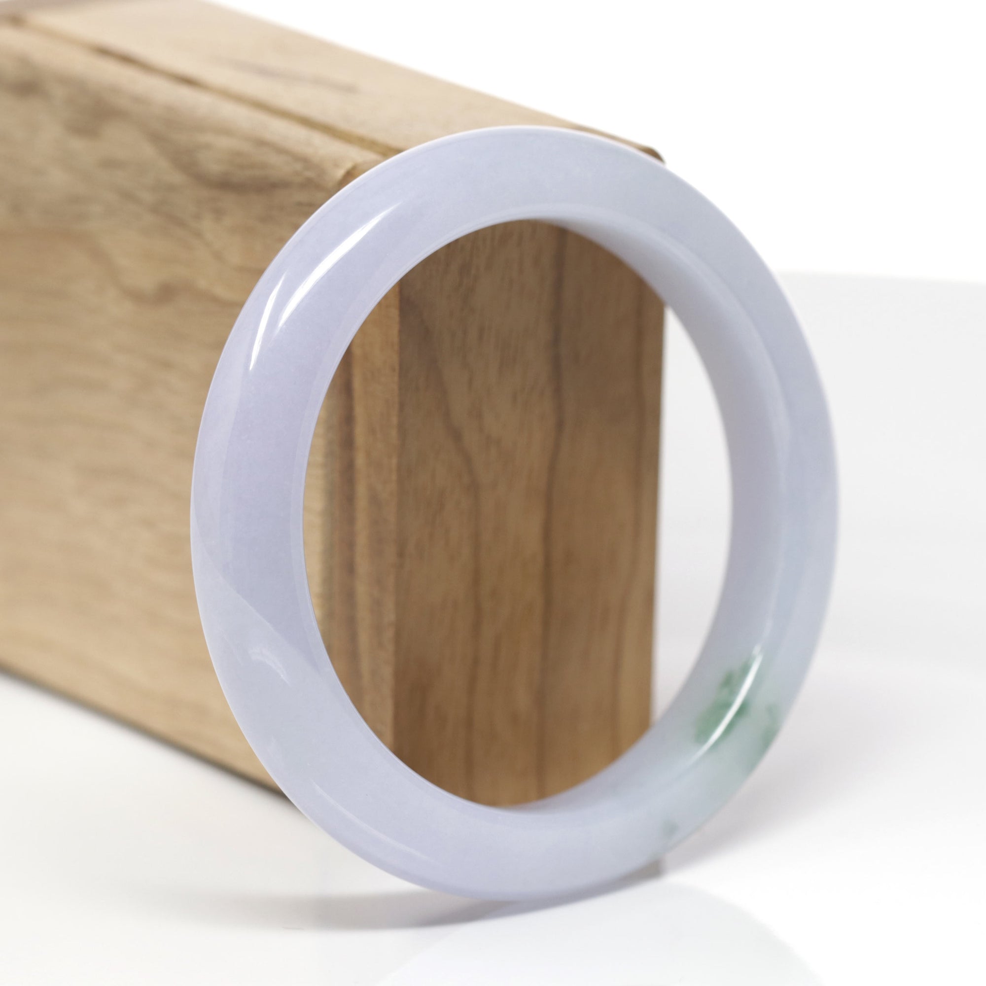 High-End Natural Icy Lavender W/ Blue-Green Flower Patch Jadeite Jade "Half Round" Bangle Bracelet (57mm) 