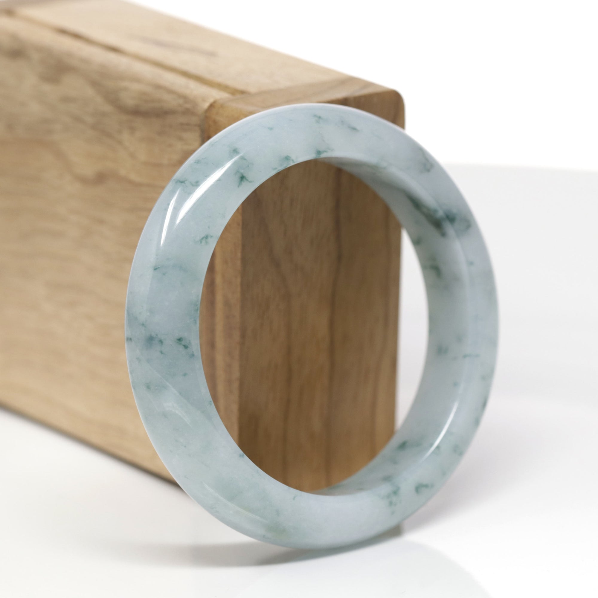 Baikalla Natural Blue-Green Flowers Jadeite Jade "Half Round" Bangle Bracelet (53.5mm) 