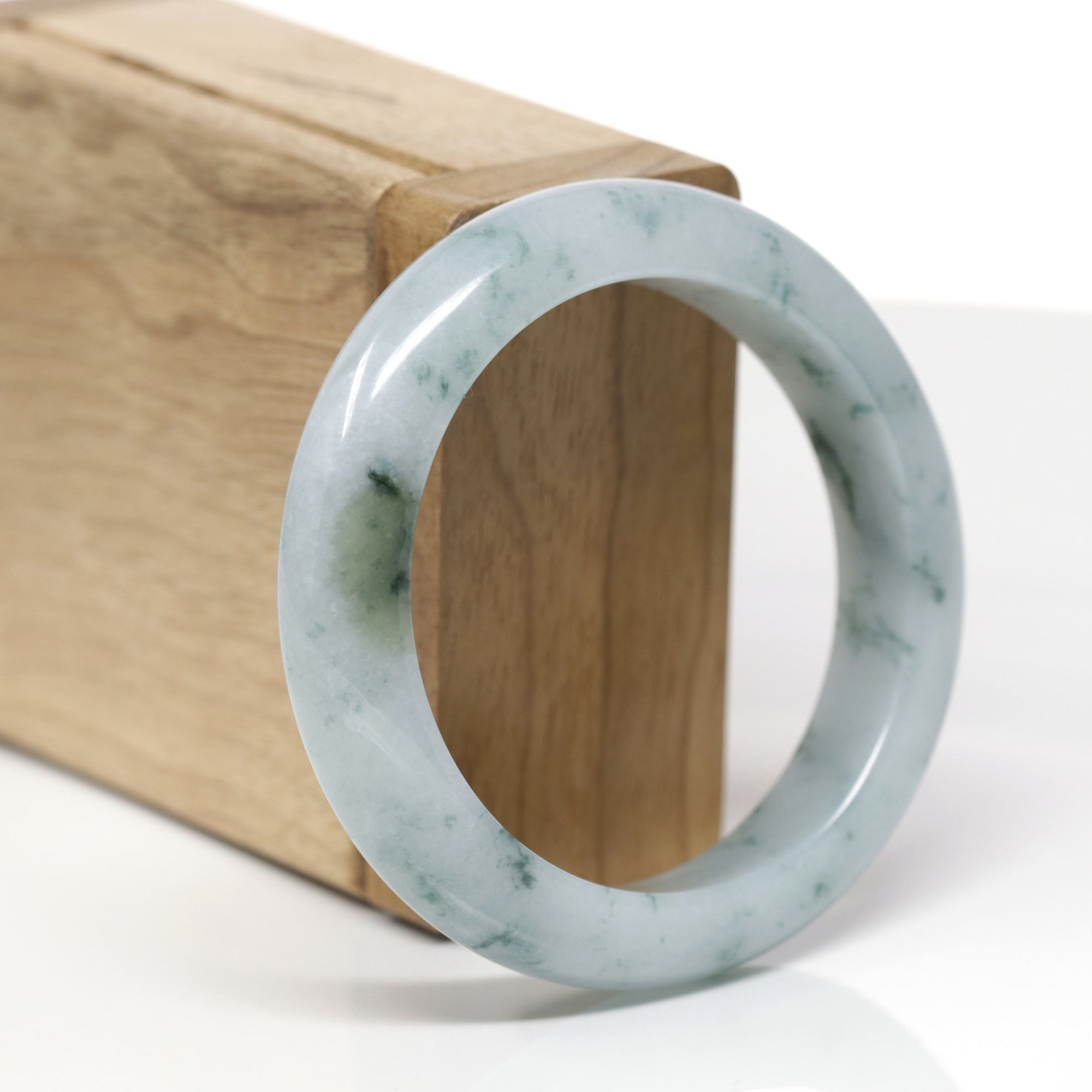 Baikalla Natural Blue-Green Flowers Jadeite Jade "Half Round" Bangle Bracelet (53.5mm) 