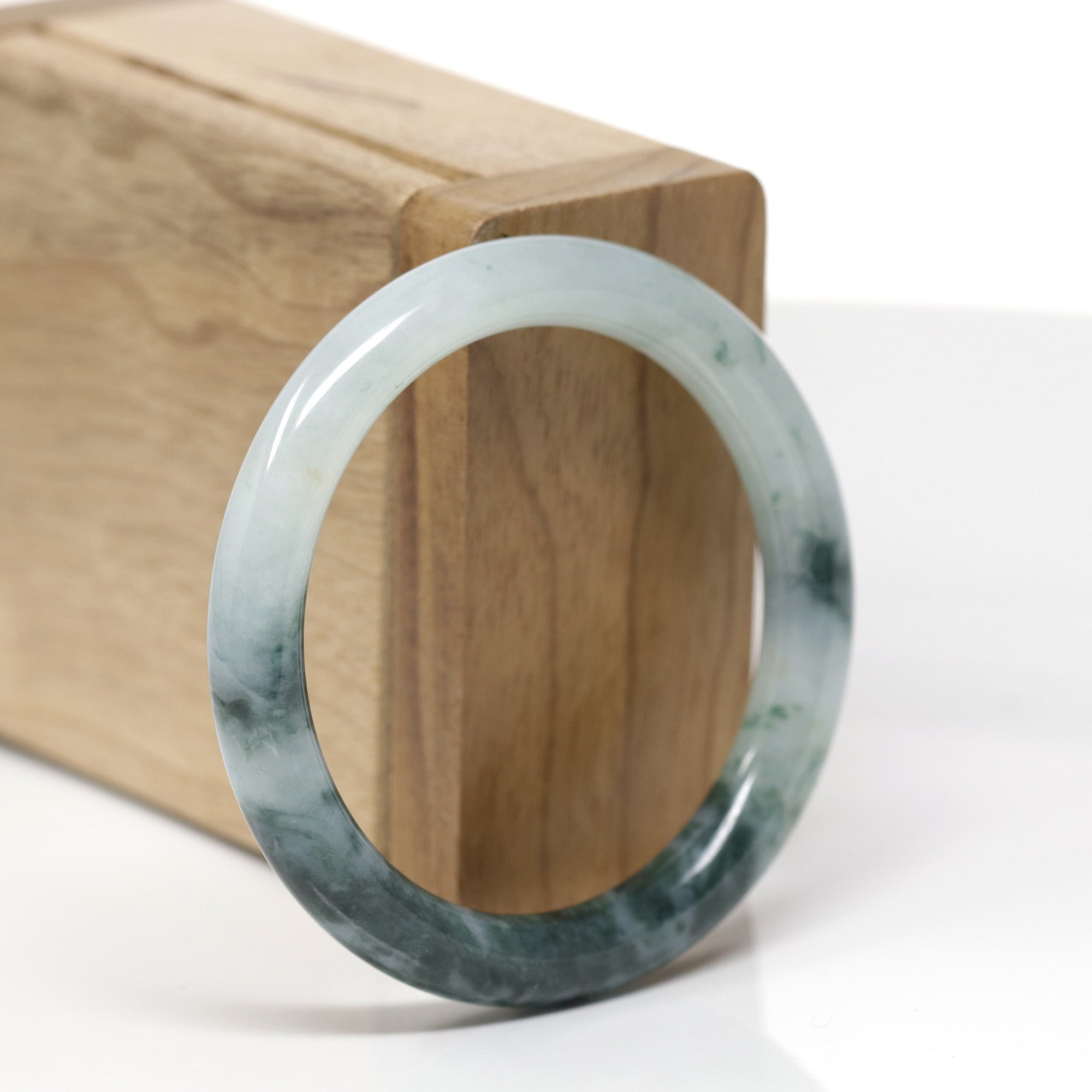 Baikalla Natural Icy Green W/ Deep Blue-Green Flowers Jadeite Jade "Traditional Round" Bangle Bracelet (51.3mm)