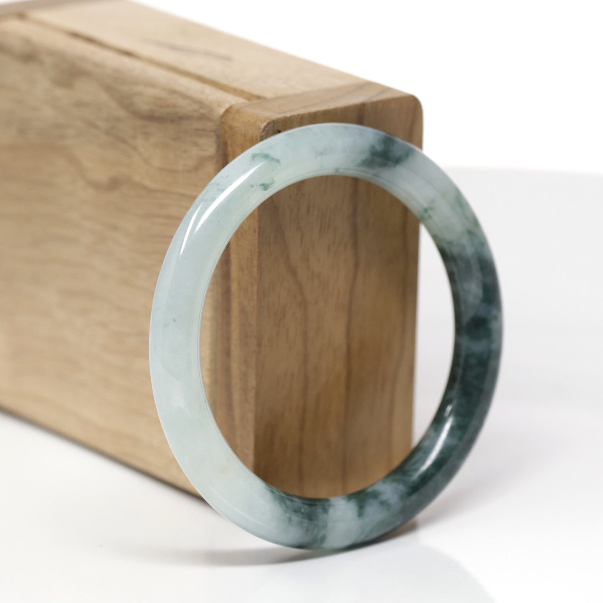 Baikalla Natural Icy Green W/ Deep Blue-Green Flowers Jadeite Jade "Traditional Round" Bangle Bracelet (51.3mm)