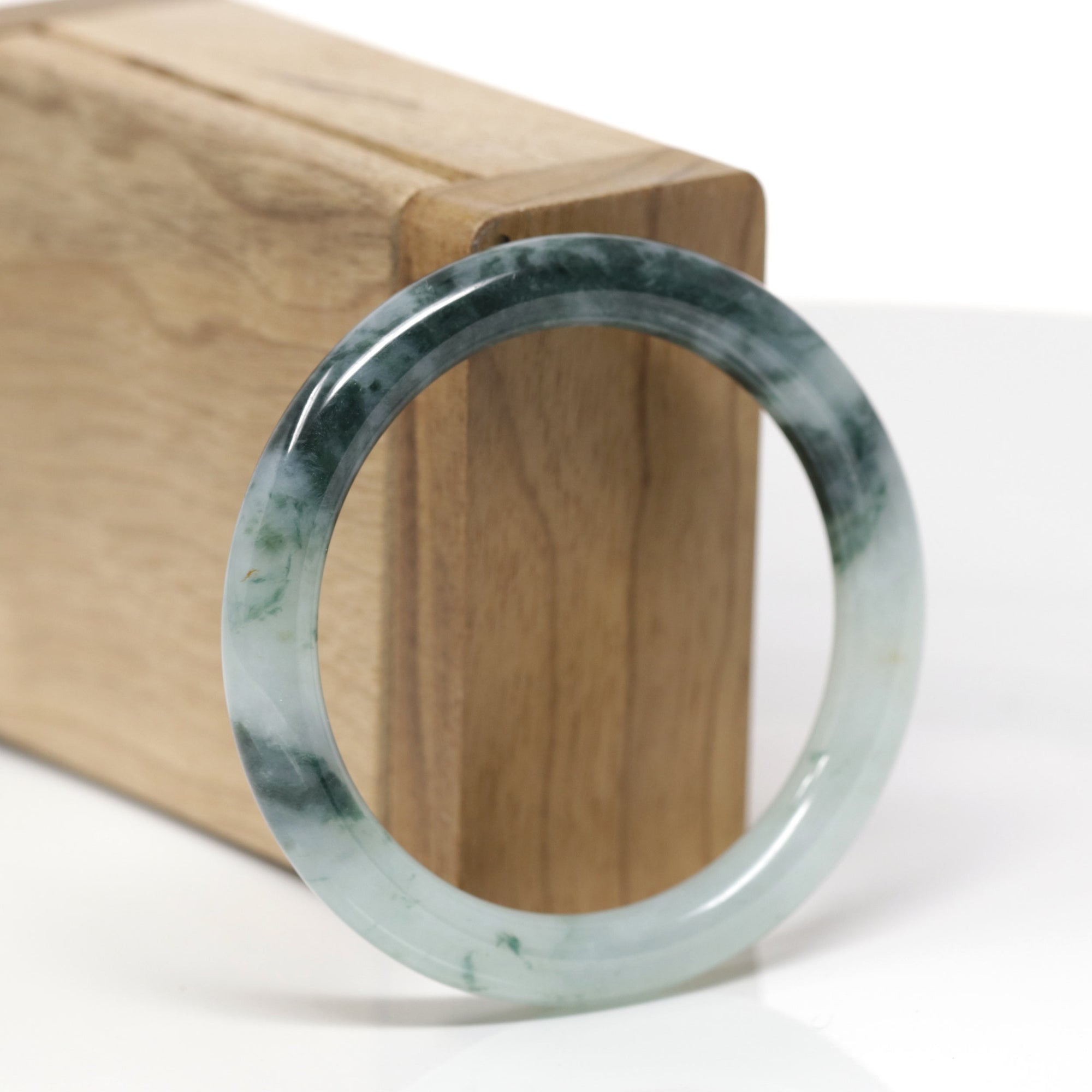 Baikalla Natural Icy Green W/ Deep Blue-Green Flowers Jadeite Jade "Traditional Round" Bangle Bracelet (51.3mm)