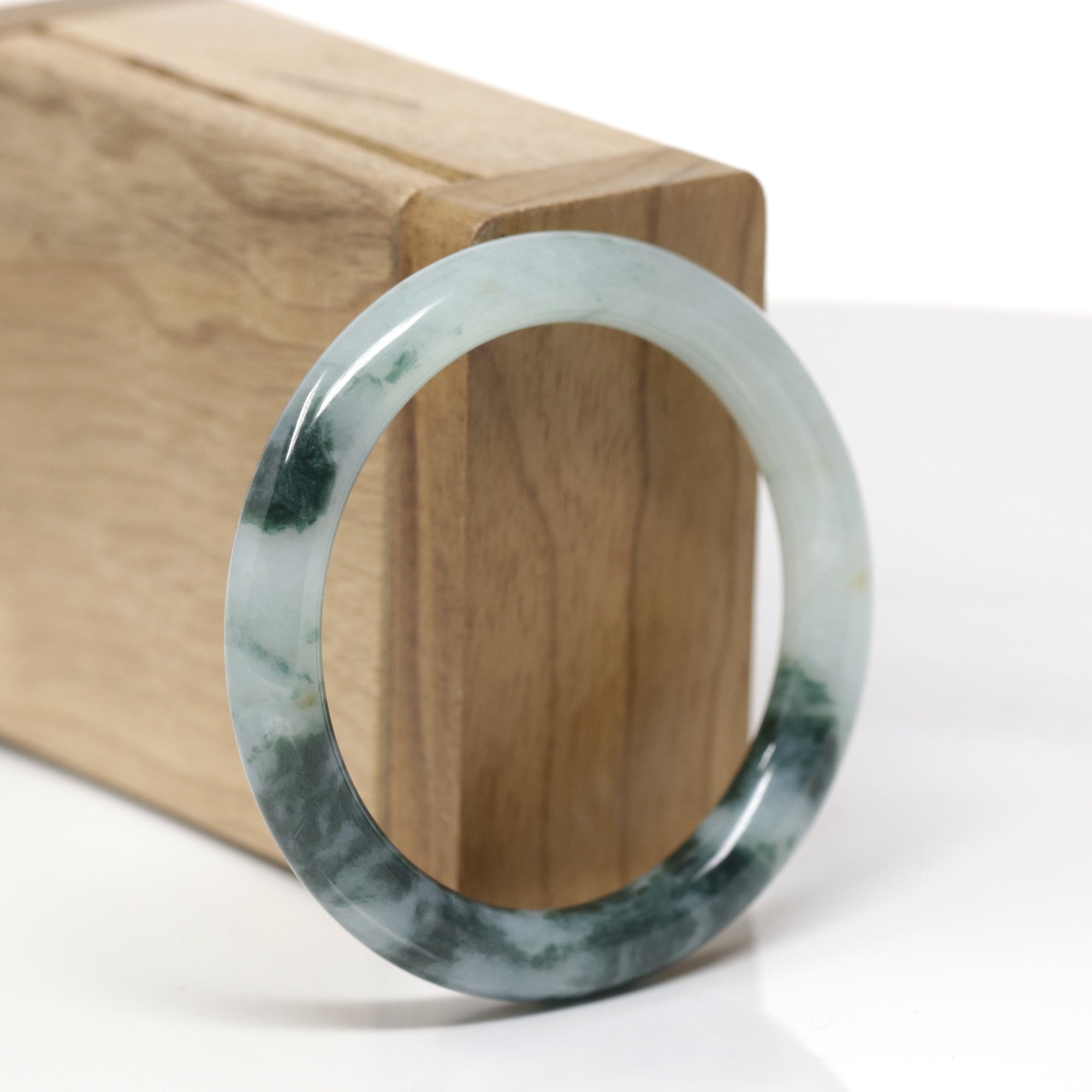 Baikalla Natural Icy Green W/ Deep Blue-Green Flowers Jadeite Jade "Traditional Round" Bangle Bracelet (51.3mm)